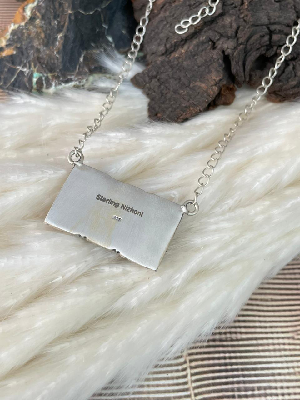 Handmade Sterling Silver 4th Of July Collection: Rosarita with Lapis and White Buffalo Bar Necklace "Signed Nizhoni"