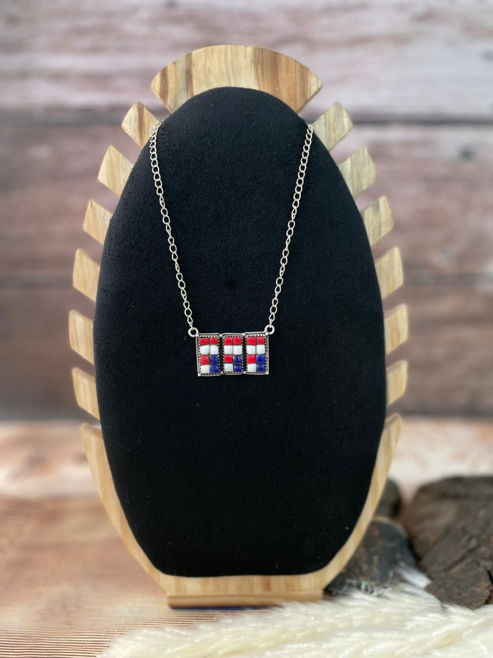 Handmade Sterling Silver 4th Of July Collection: Rosarita with Lapis and White Buffalo Bar Necklace "Signed Nizhoni"