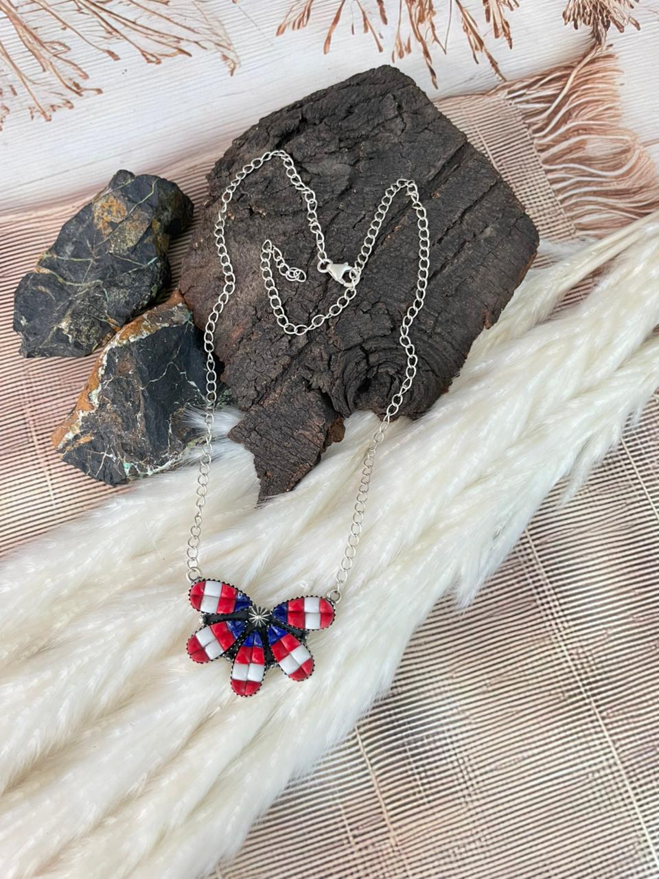 Handmade Sterling Silver 4th Of July Collection: Rosarita with Lapis and White Buffalo Necklace "Signed Nizhoni"
