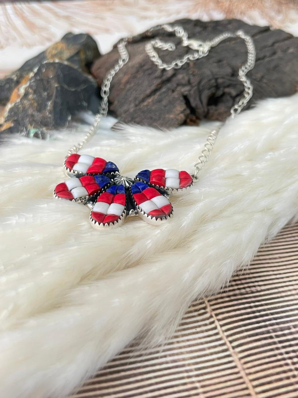 Handmade Sterling Silver 4th Of July Collection: Rosarita with Lapis and White Buffalo Necklace "Signed Nizhoni"