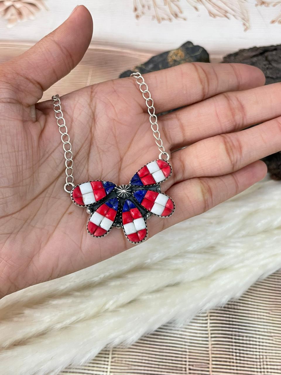 Handmade Sterling Silver 4th Of July Collection: Rosarita with Lapis and White Buffalo Necklace "Signed Nizhoni"