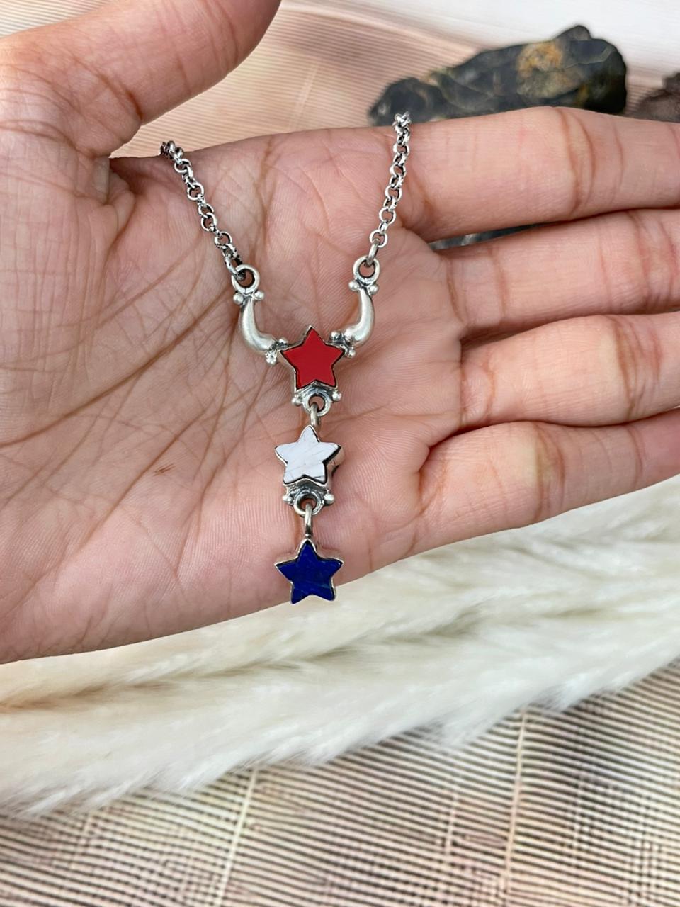 Handmade Sterling Silver 4th Of July Collection: Rosarita with Lapis and White Buffalo Star Necklace "Signed Nizhoni"