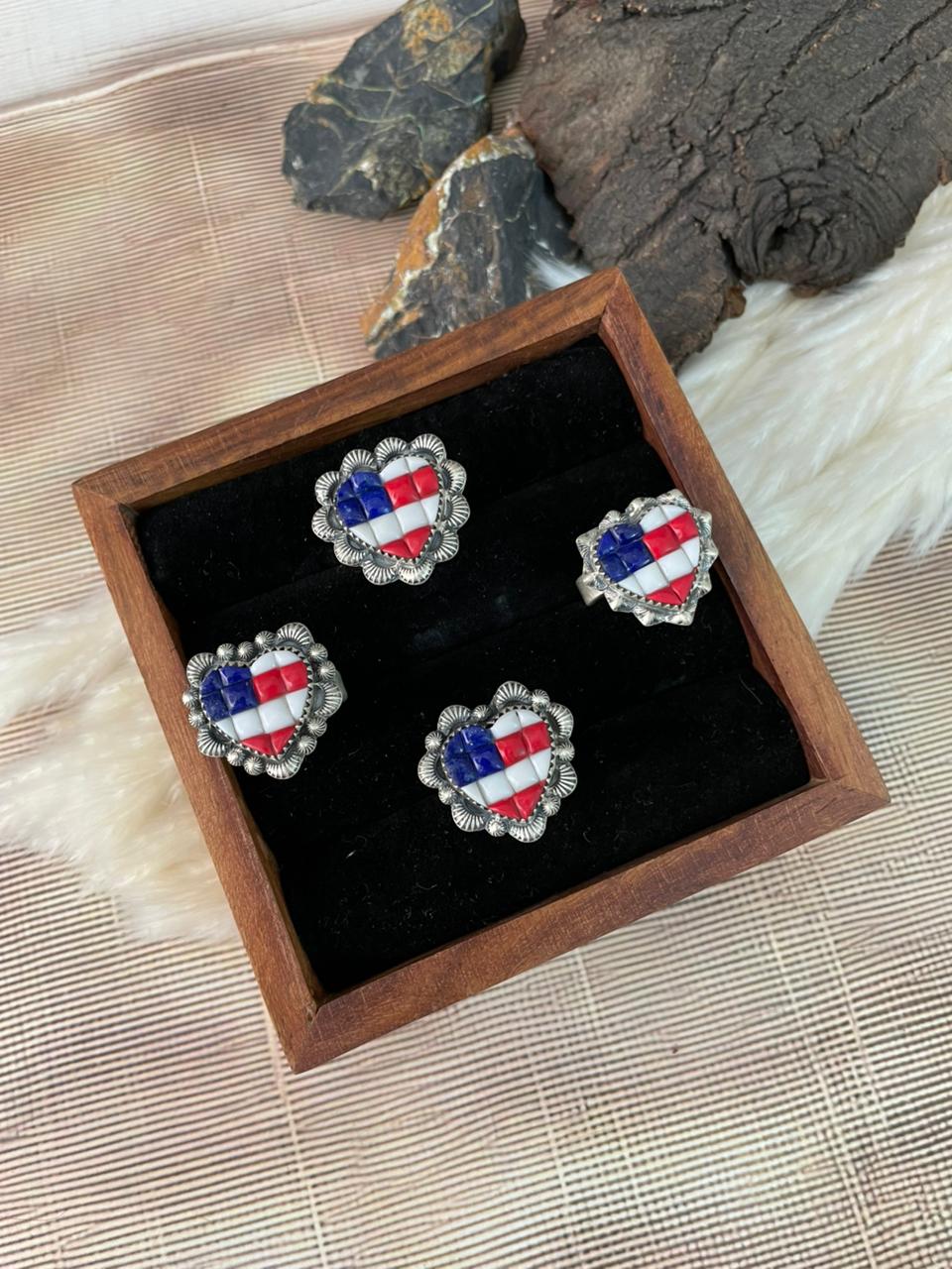 Handmade Sterling Silver 4th Of July Collection: Rosarita with Lapis and White Buffalo Heart Adjustable Ring "Signed Nizhoni"
