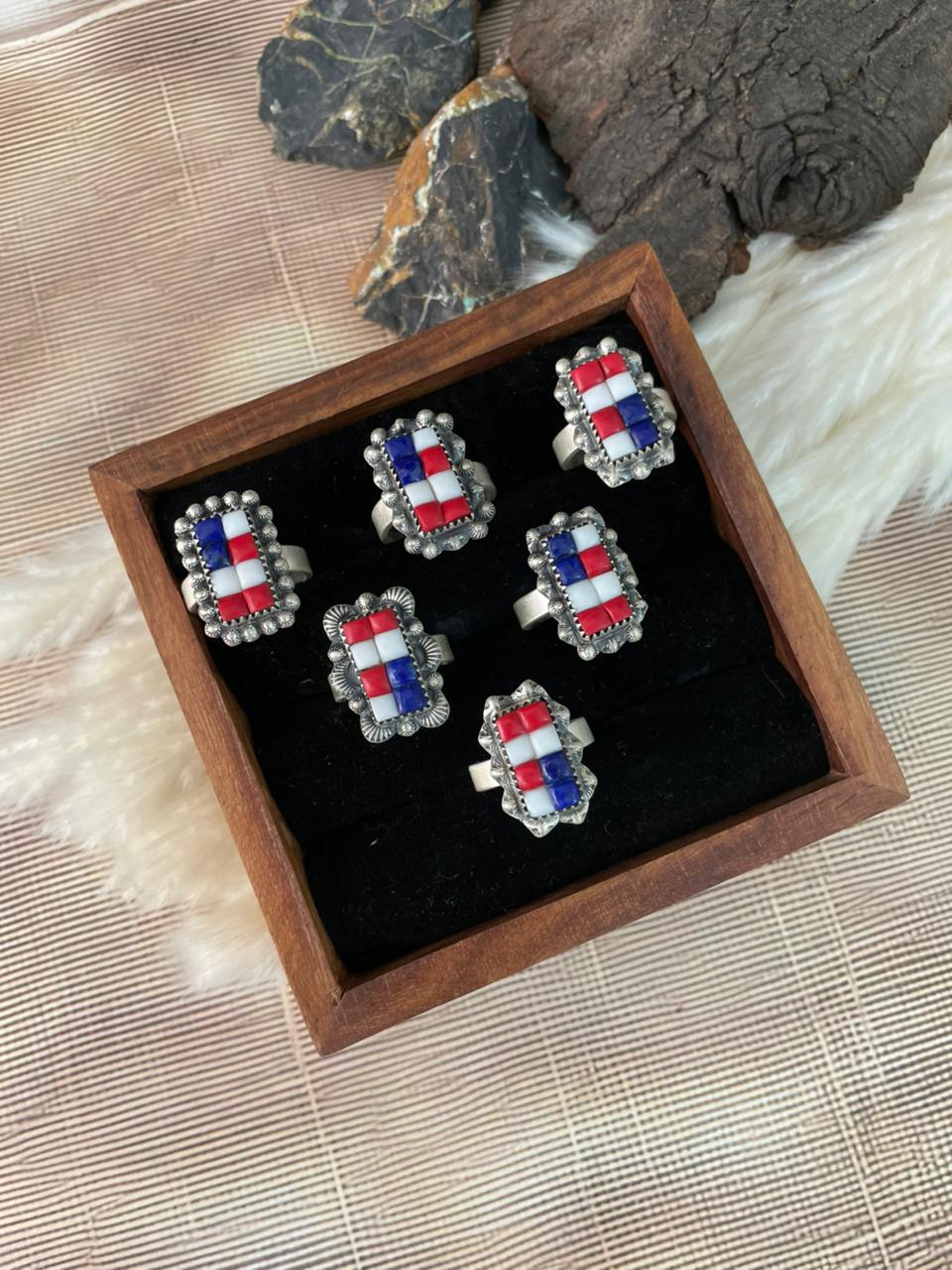 Handmade Sterling Silver 4th Of July Collection: Rosarita with Lapis and White Buffalo Bar Adjustable Ring "Signed Nizhoni"