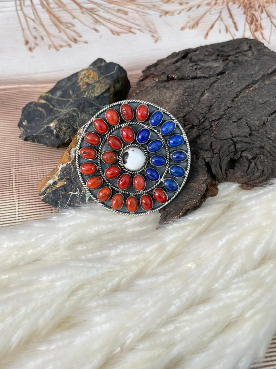 Handmade Sterling Silver 4th Of July Collection: Coral with Lapis and White Buffalo Adjustable Ring "Signed Nizhoni" (2)