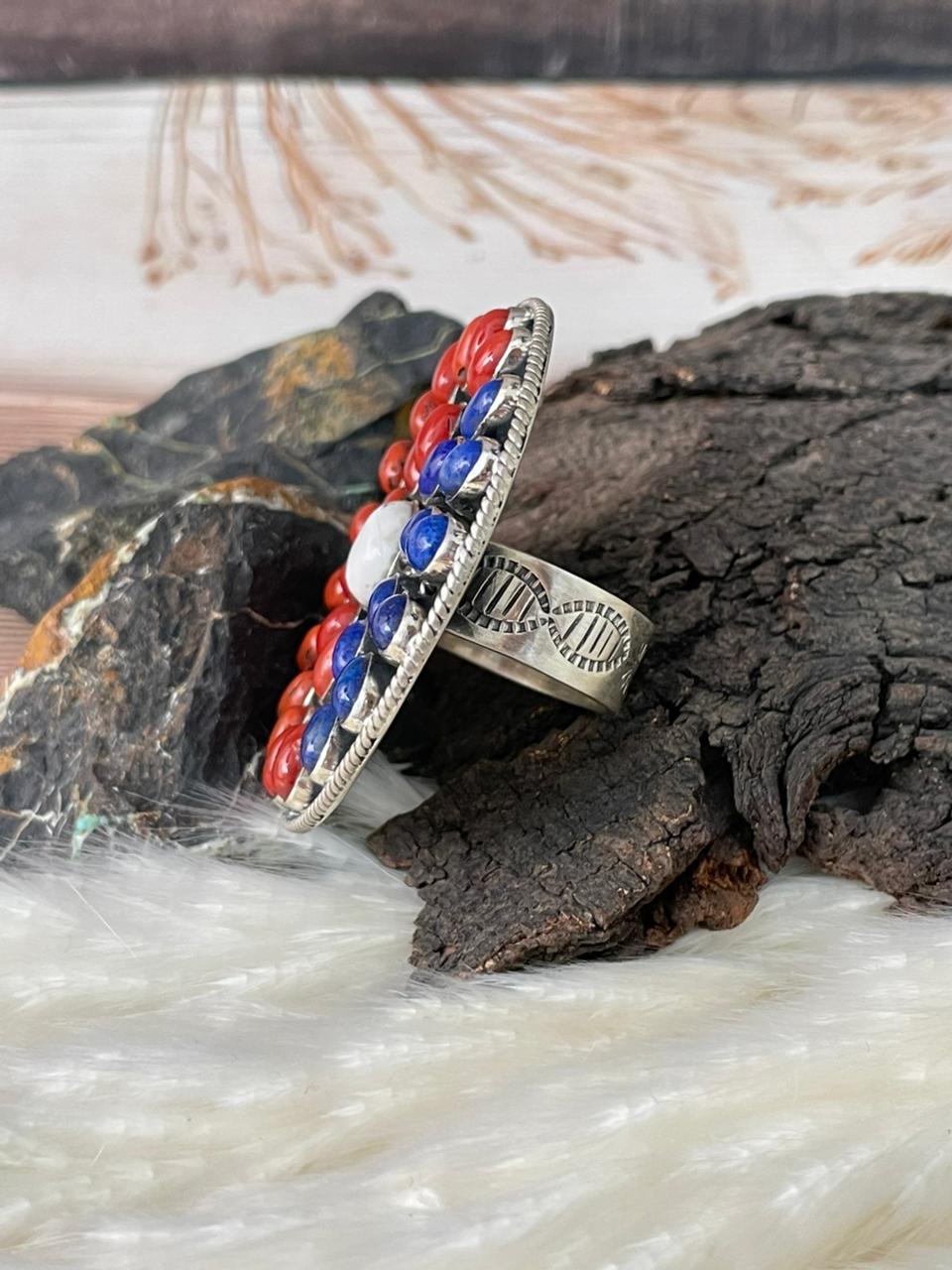 Handmade Sterling Silver 4th Of July Collection: Coral with Lapis and White Buffalo Adjustable Ring "Signed Nizhoni" (2)