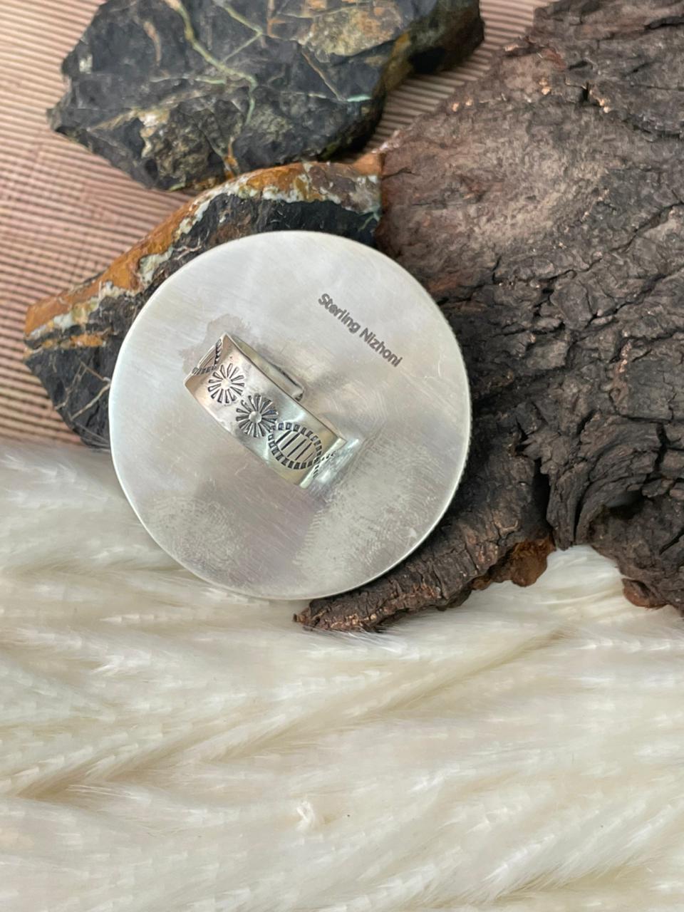 Handmade Sterling Silver 4th Of July Collection: Coral with Lapis and White Buffalo Adjustable Ring "Signed Nizhoni" (2)