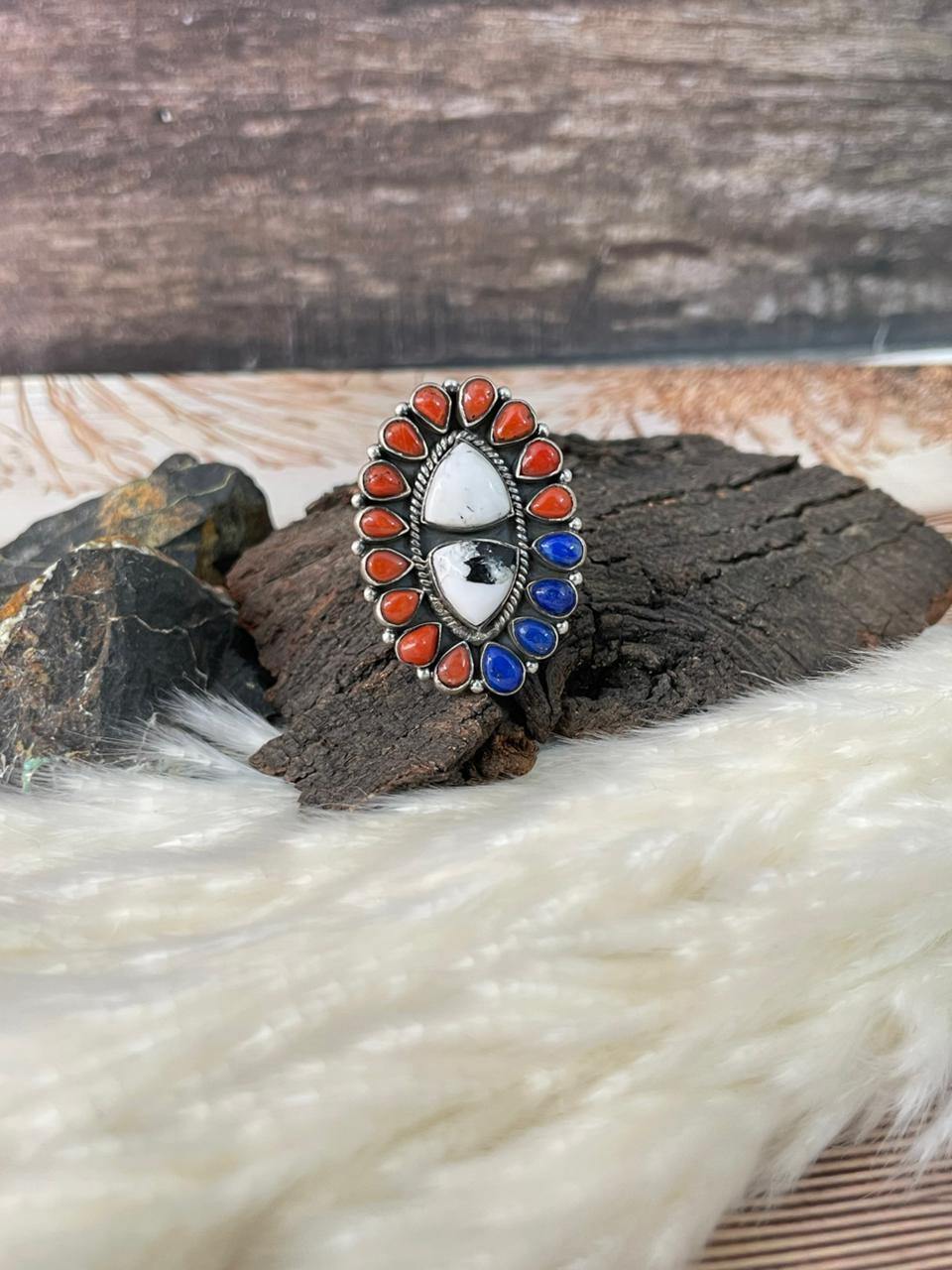 Handmade Sterling Silver 4th Of July Collection: Coral with Lapis and White Buffalo Adjustable Ring "Signed Nizhoni"