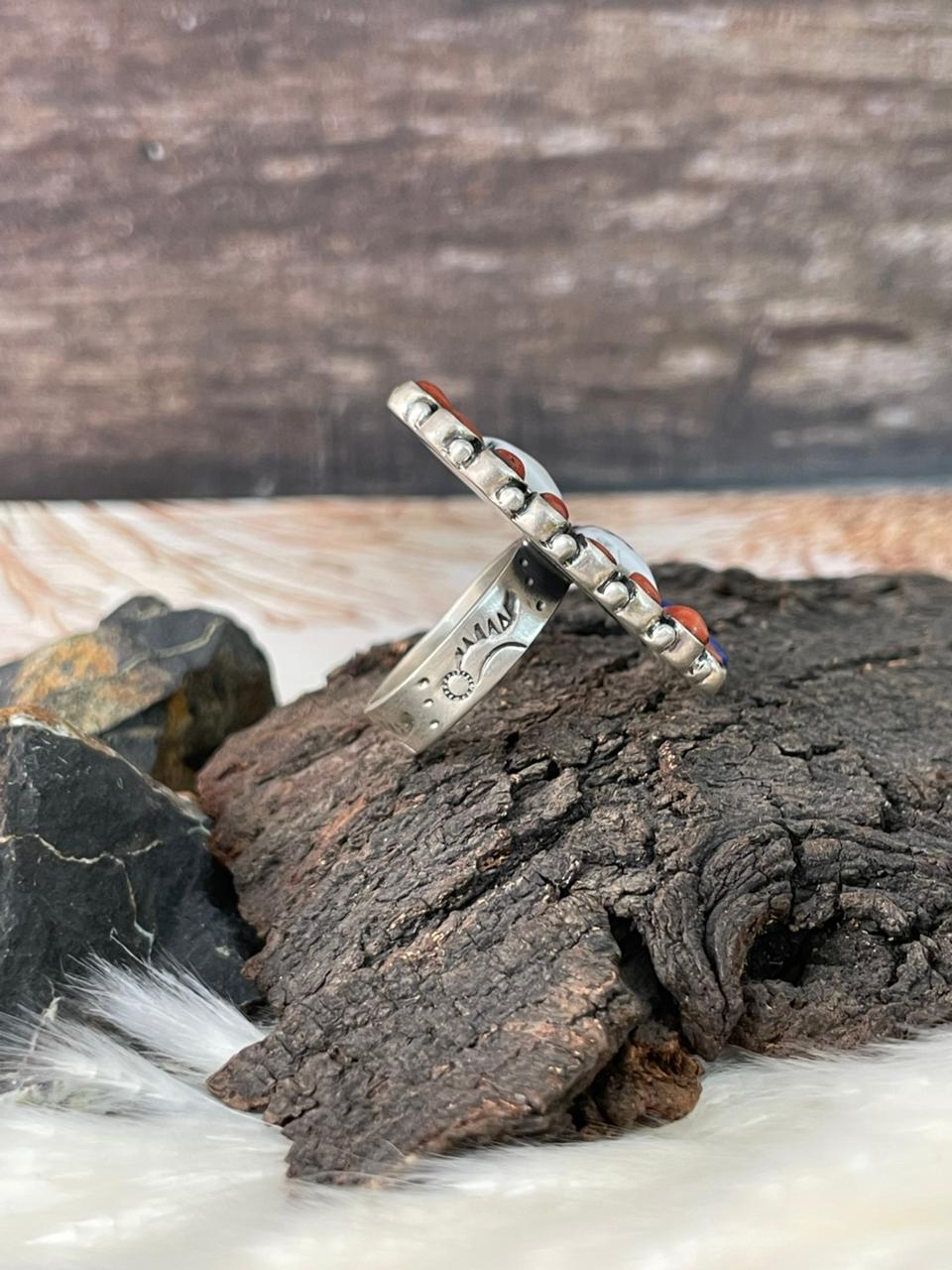 Handmade Sterling Silver 4th Of July Collection: Coral with Lapis and White Buffalo Adjustable Ring "Signed Nizhoni"