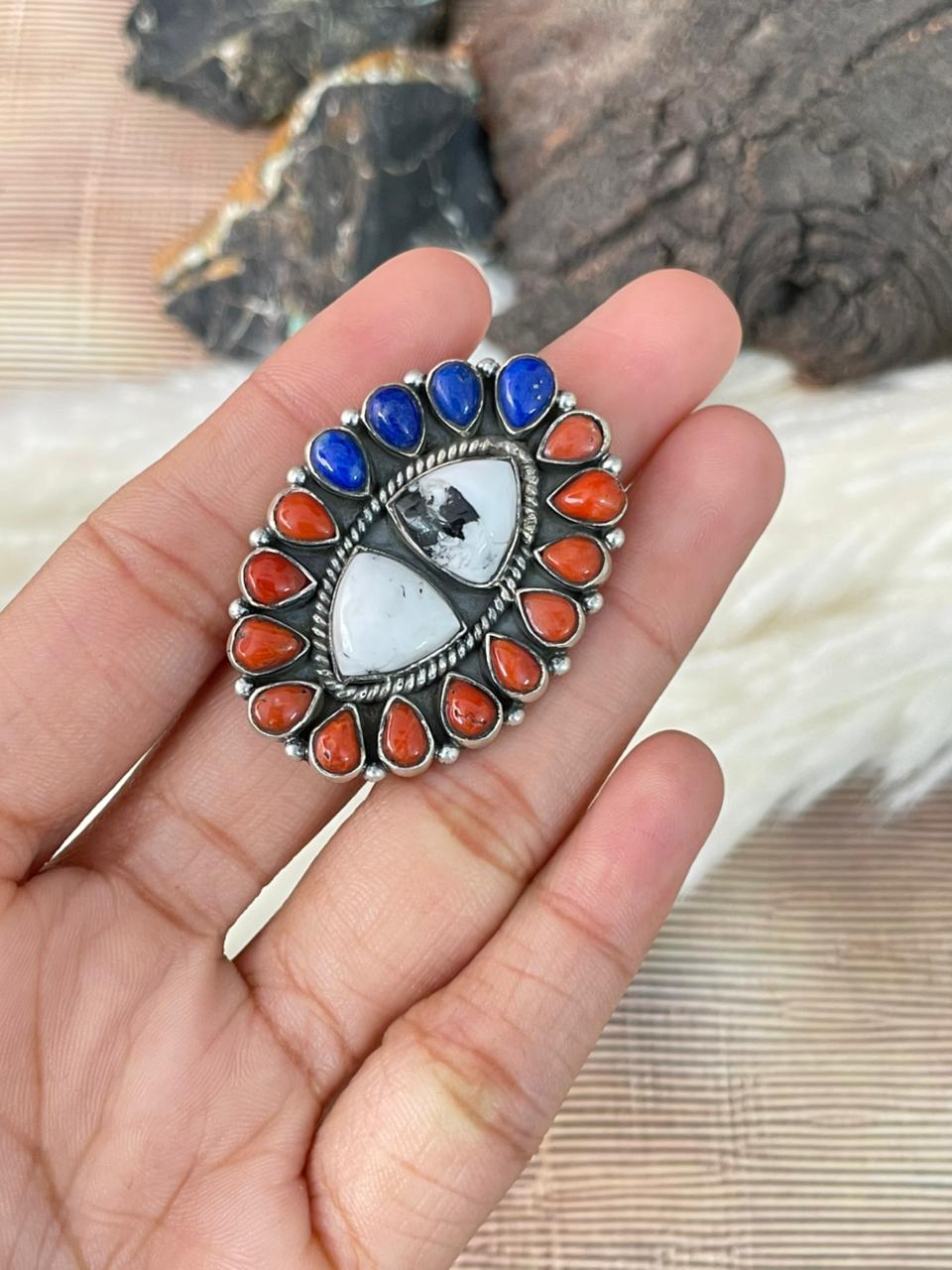 Handmade Sterling Silver 4th Of July Collection: Coral with Lapis and White Buffalo Adjustable Ring "Signed Nizhoni"