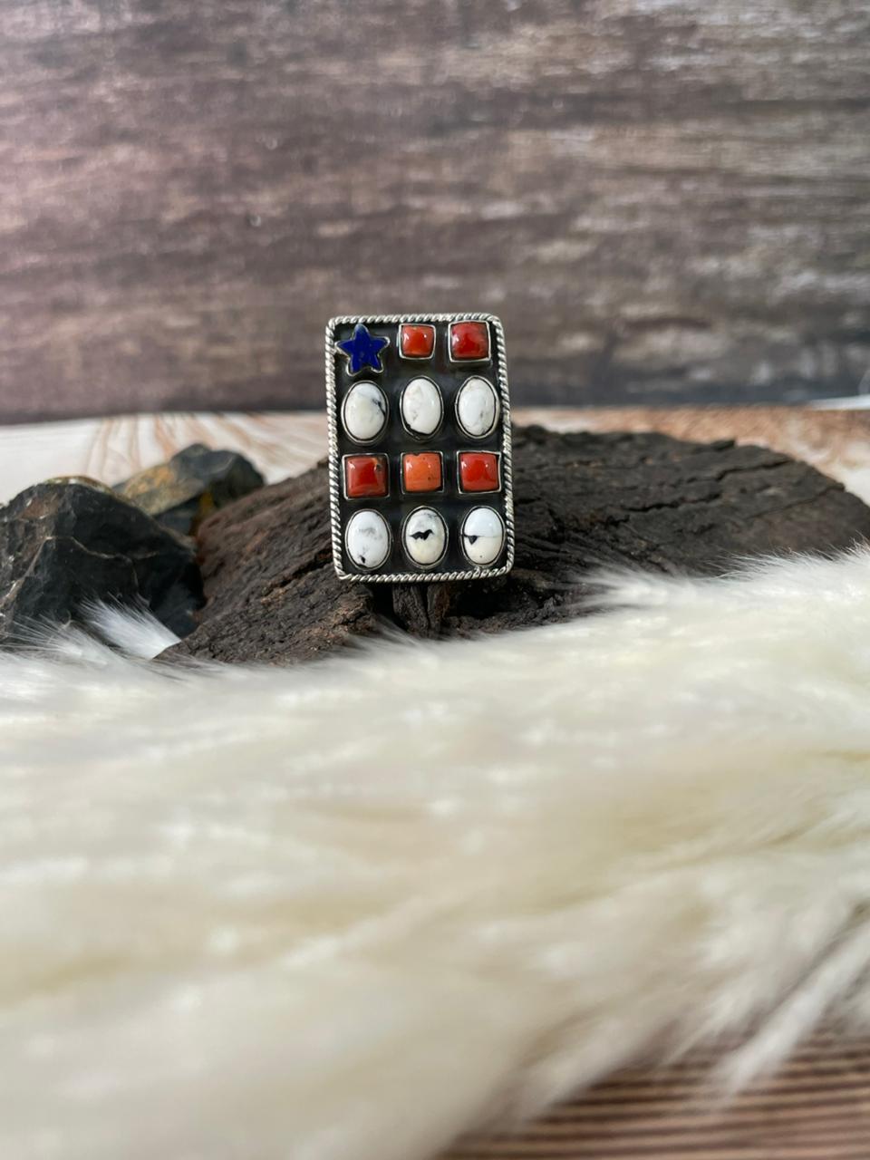 Handmade Sterling Silver 4th Of July Collection: Coral with Lapis and White Buffalo Adjustable Ring "Signed Nizhoni" (4)