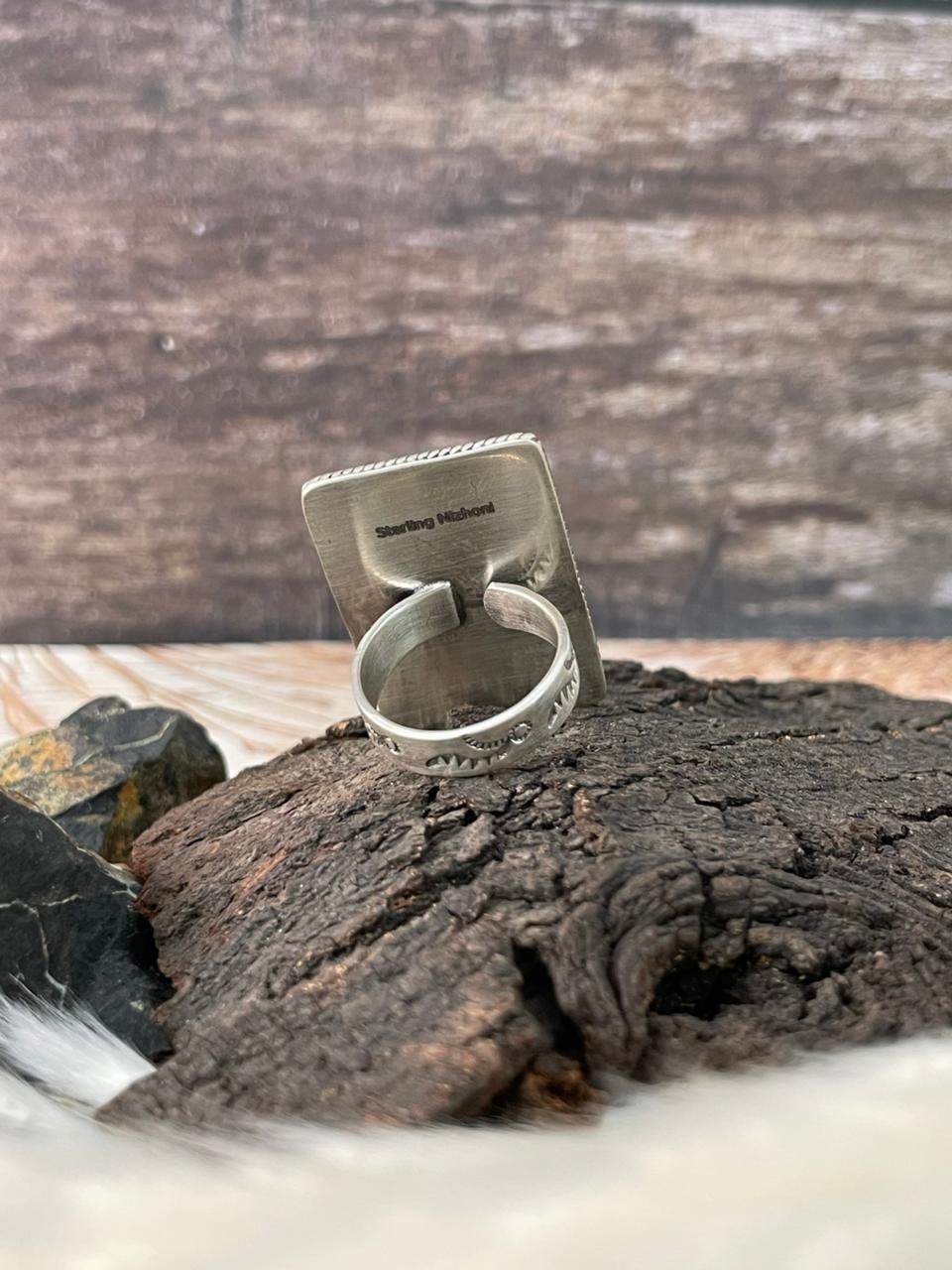 Handmade Sterling Silver 4th Of July Collection: Coral with Lapis and White Buffalo Adjustable Ring "Signed Nizhoni" (4)
