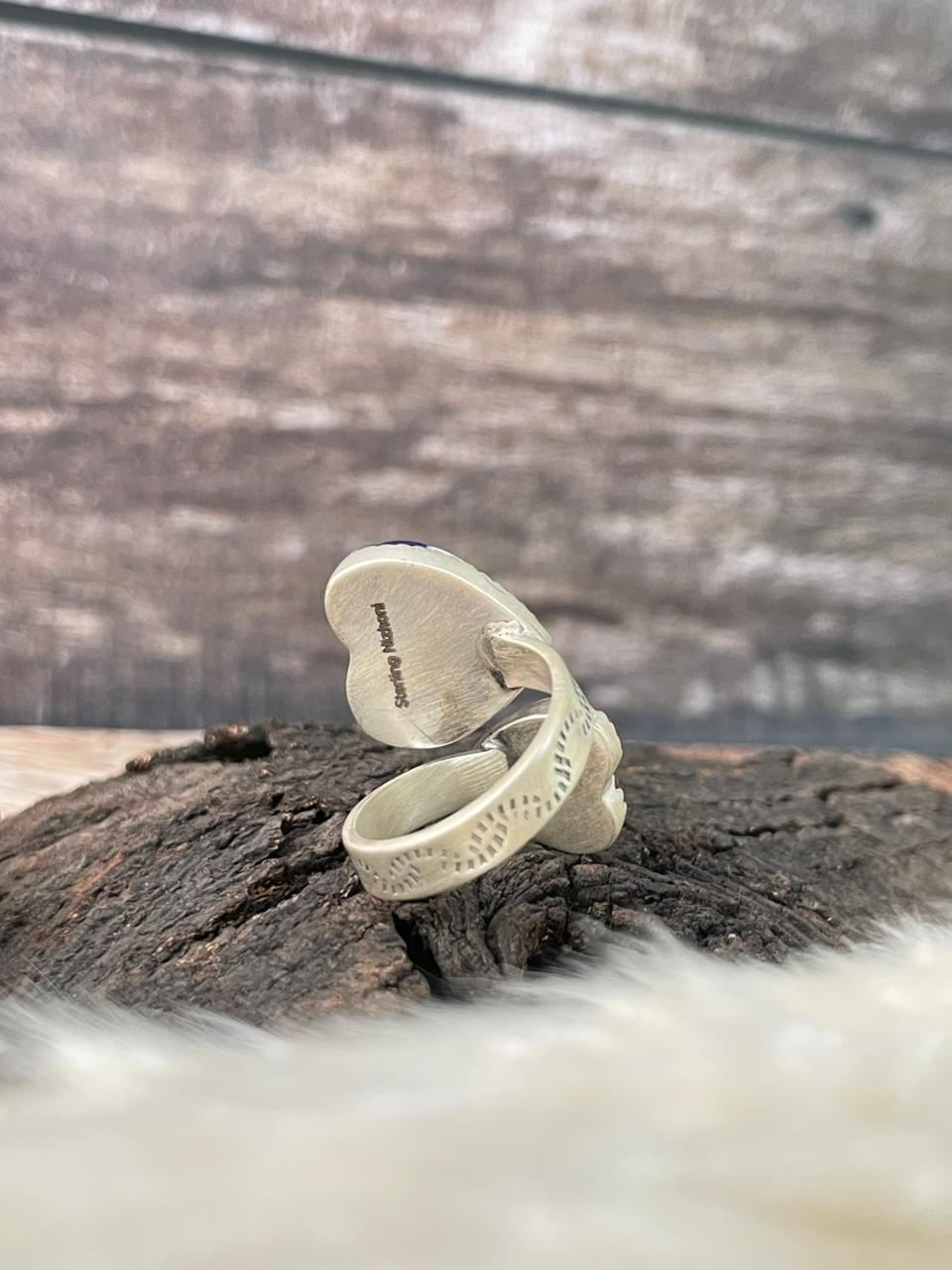 Handmade Sterling Silver 4th Of July Collection: Rosarita with Lapis and White Buffalo Heart Adjustable Ring "Signed Nizhoni"