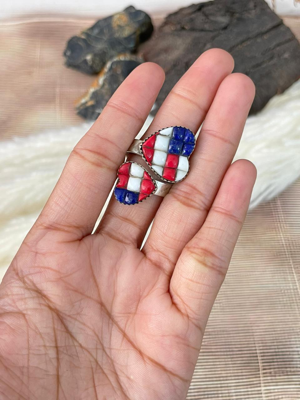 Handmade Sterling Silver 4th Of July Collection: Rosarita with Lapis and White Buffalo Heart Adjustable Ring "Signed Nizhoni"