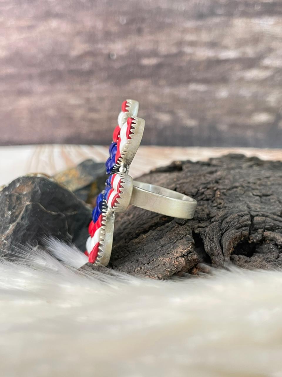 Handmade Sterling Silver 4th Of July Collection: Rosarita with Lapis and White Buffalo Adjustable Ring "Signed Nizhoni"