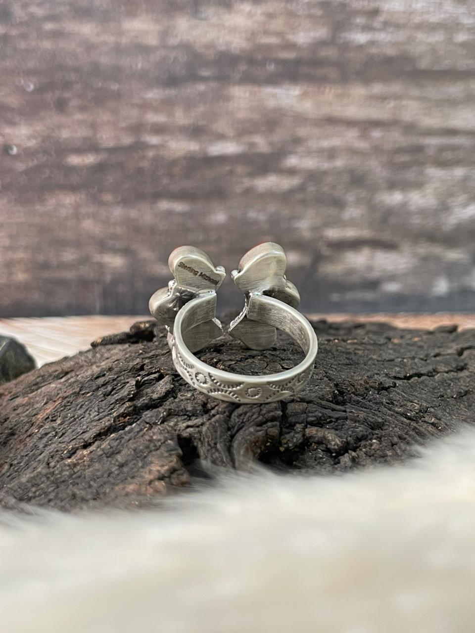Handmade Sterling Silver 4th Of July Collection: Coral with Lapis and White Buffalo Adjustable Ring "Signed Nizhoni" (8)