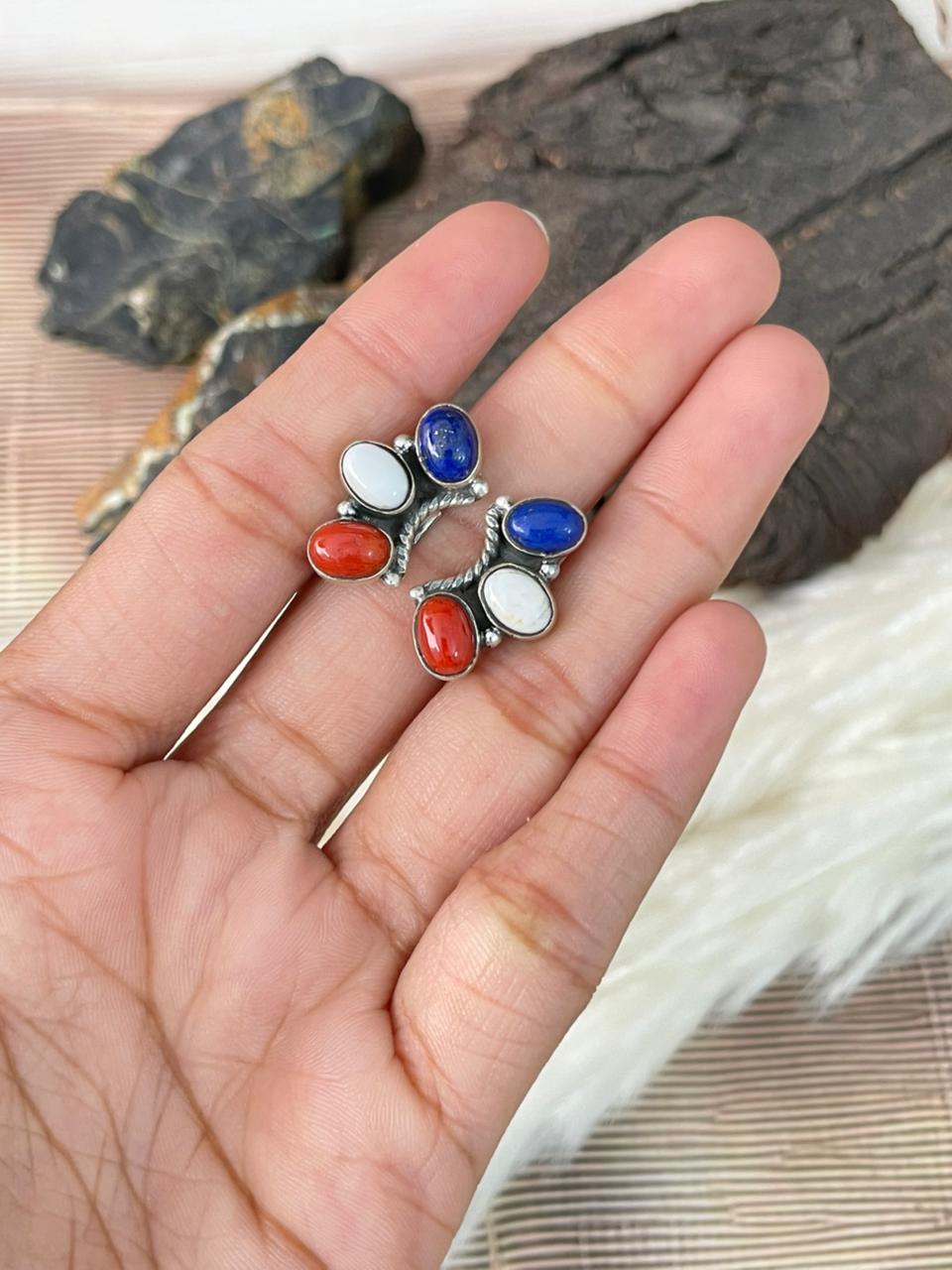 Handmade Sterling Silver 4th Of July Collection: Coral with Lapis and White Buffalo Adjustable Ring "Signed Nizhoni" (8)