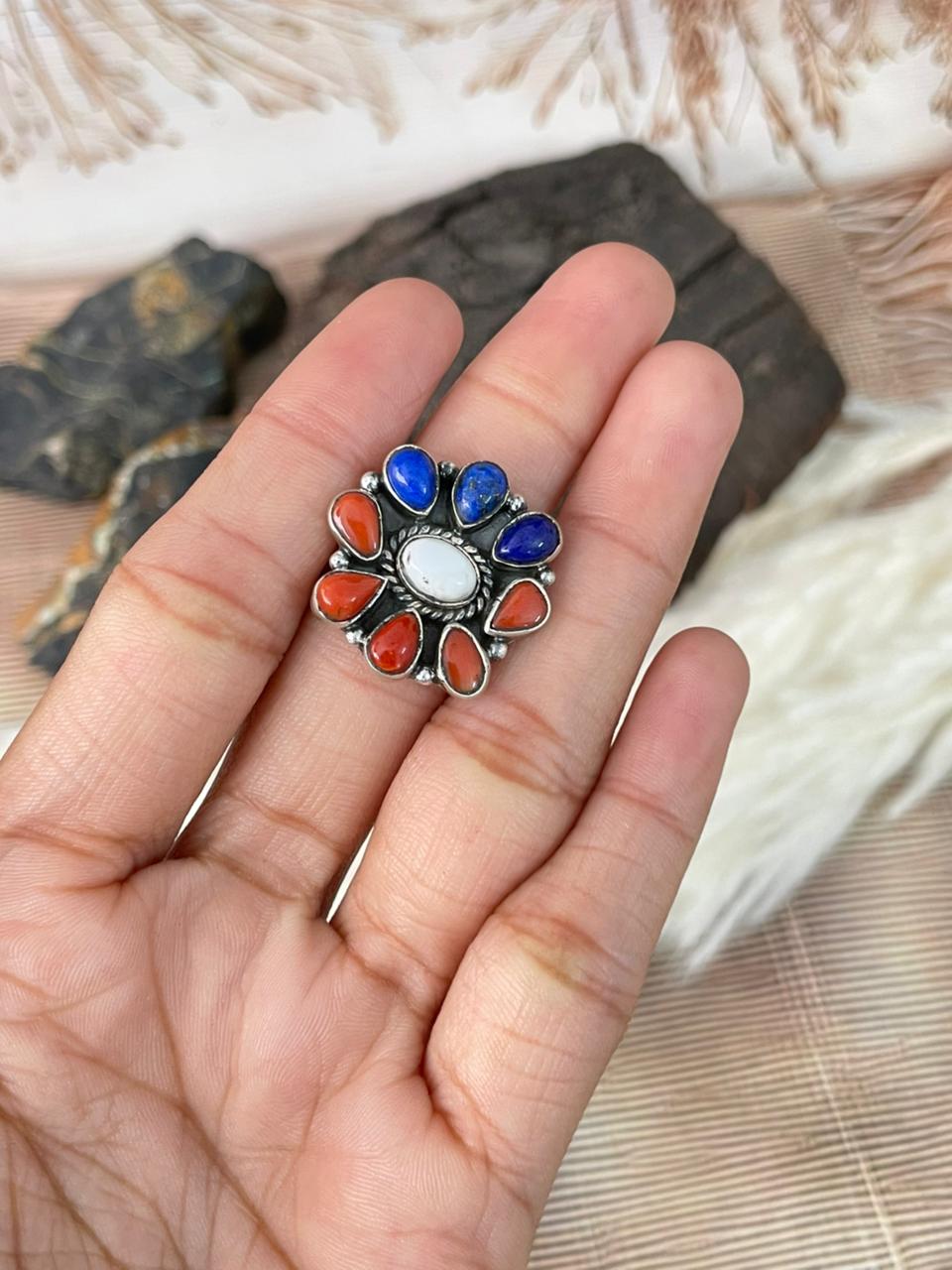 Handmade Sterling Silver 4th Of July Collection: Coral with Lapis and White Buffalo Adjustable Ring "Signed Nizhoni" (7)