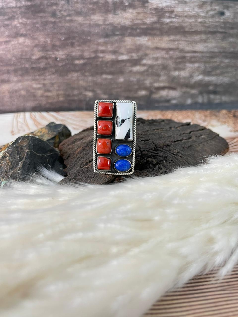 Handmade Sterling Silver 4th Of July Collection: Coral with Lapis and White Buffalo Bar Adjustable Ring "Signed Nizhoni" (1)