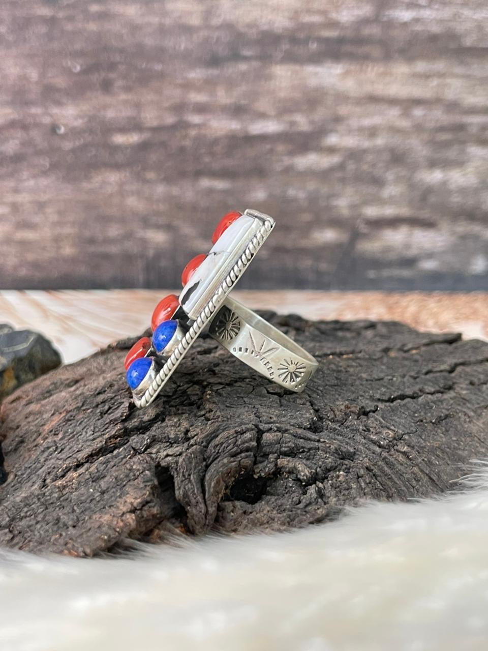 Handmade Sterling Silver 4th Of July Collection: Coral with Lapis and White Buffalo Bar Adjustable Ring "Signed Nizhoni" (1)