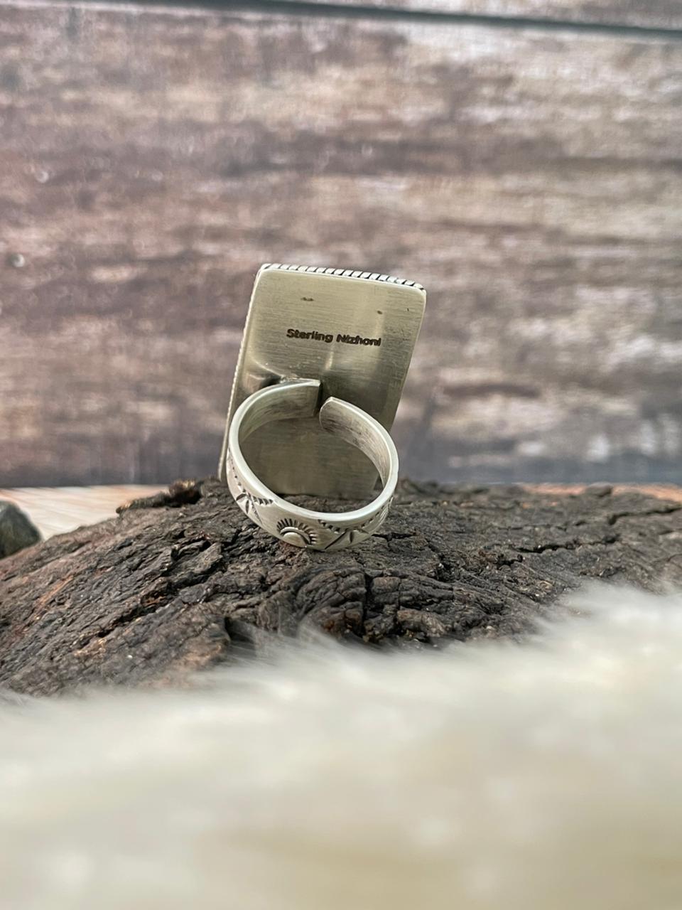 Handmade Sterling Silver 4th Of July Collection: Coral with Lapis and White Buffalo Bar Adjustable Ring "Signed Nizhoni" (1)