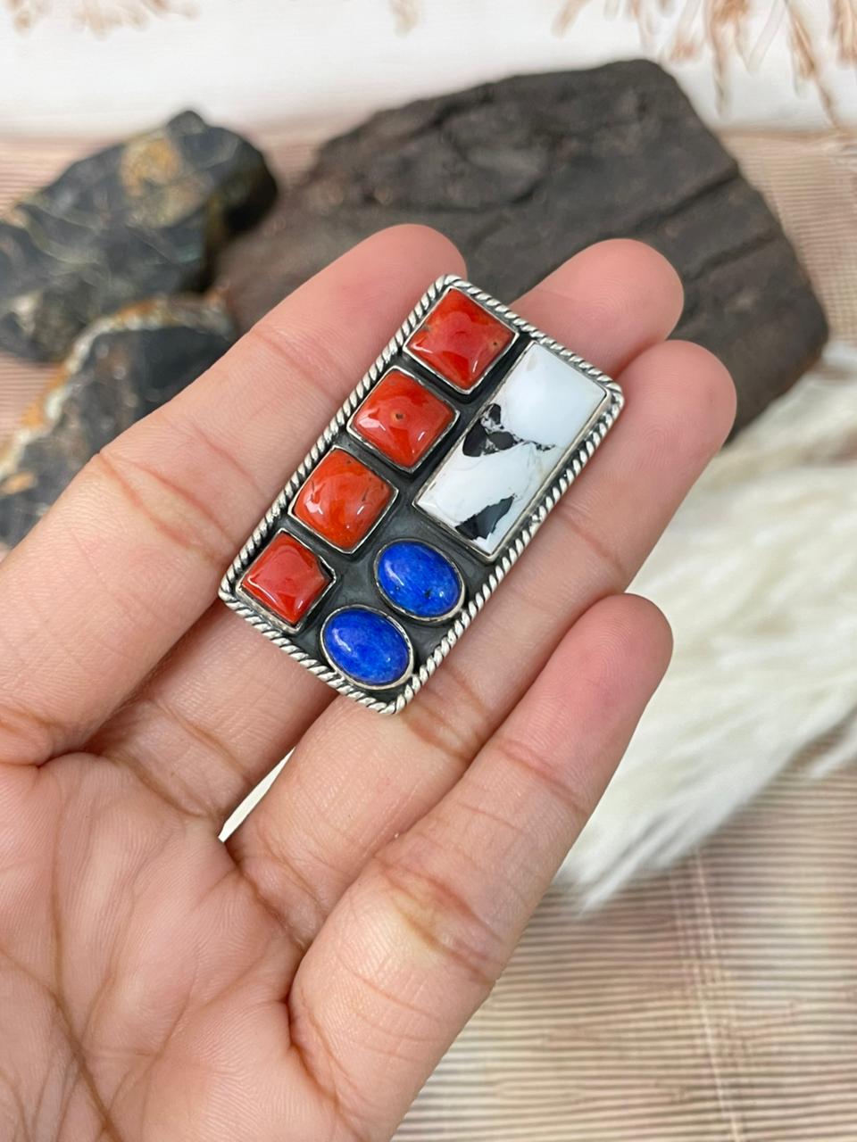 Handmade Sterling Silver 4th Of July Collection: Coral with Lapis and White Buffalo Bar Adjustable Ring "Signed Nizhoni" (1)