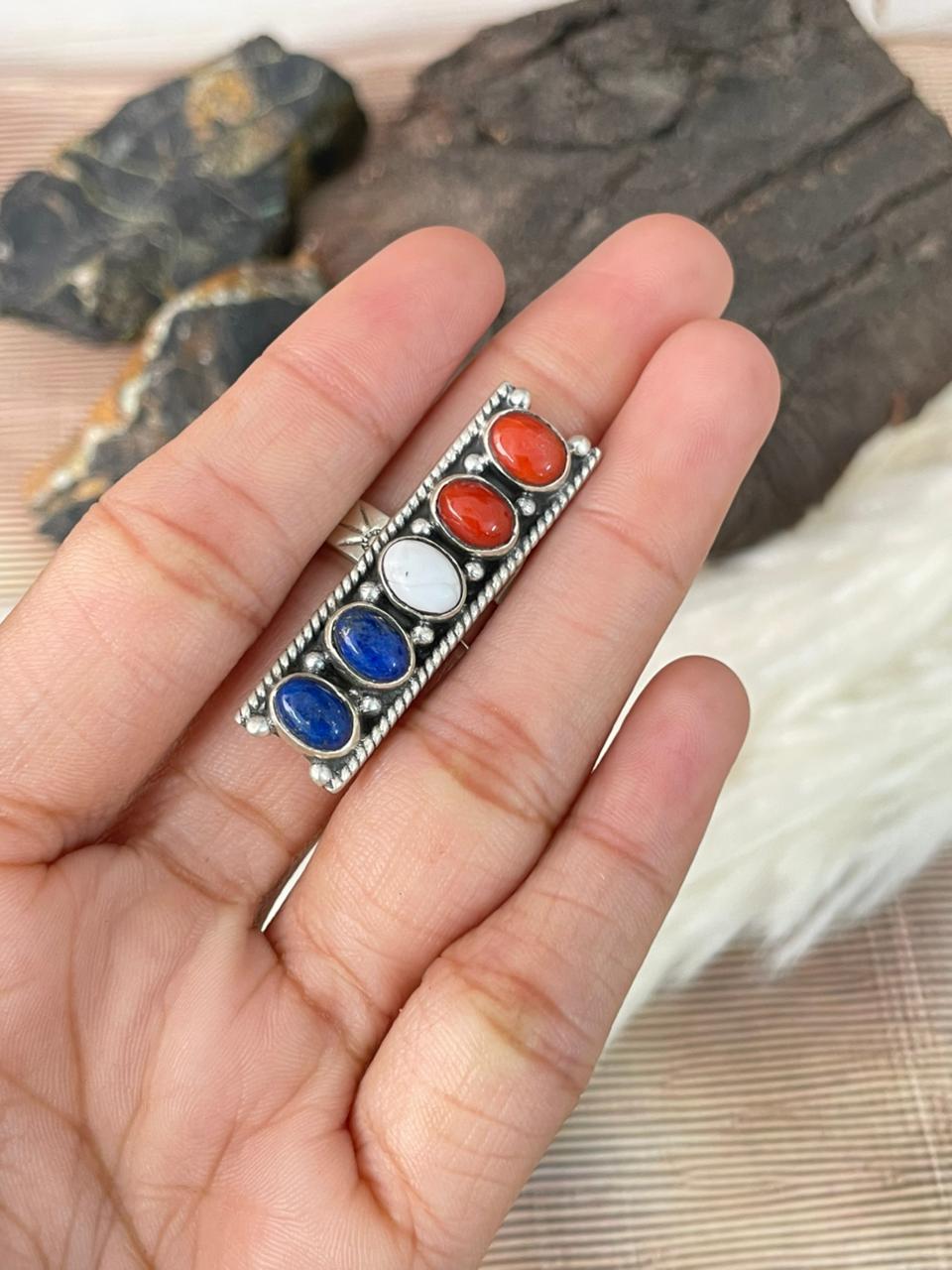Handmade Sterling Silver 4th Of July Collection: Coral with Lapis and White Buffalo Adjustable Ring "Signed Nizhoni" (6)