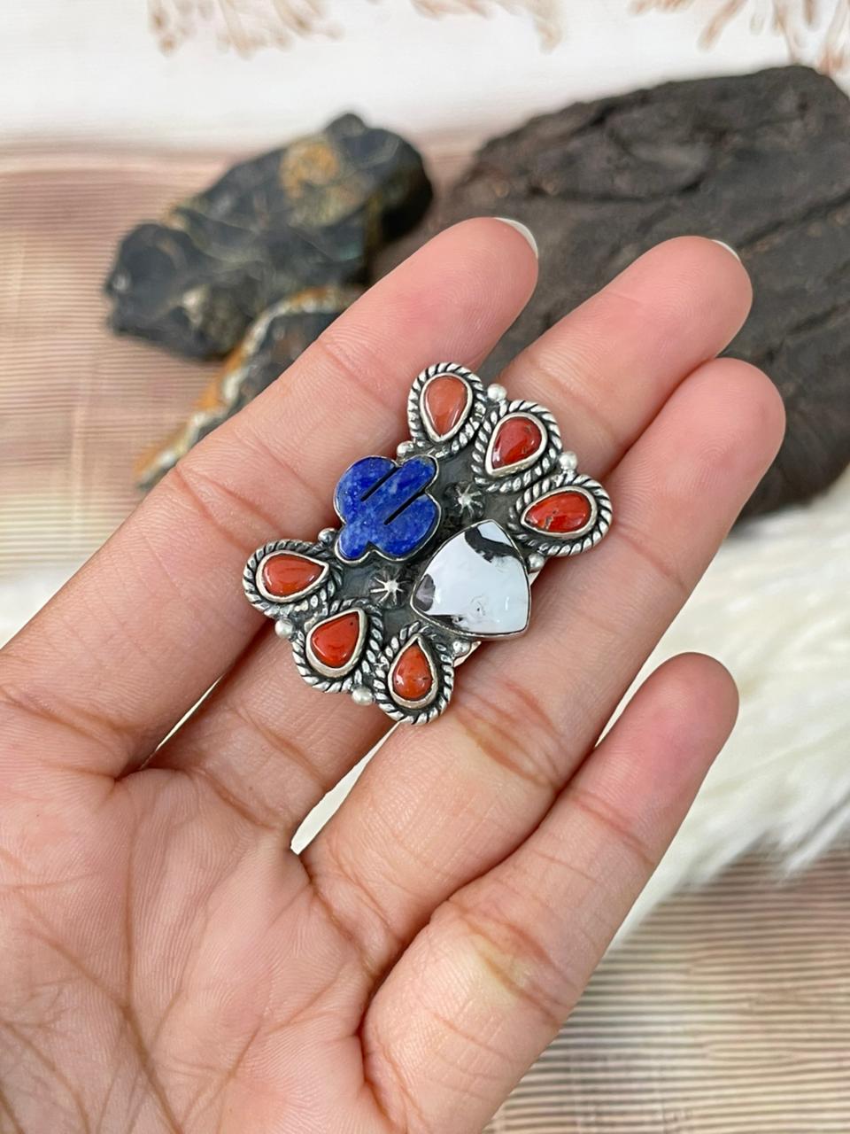Handmade Sterling Silver 4th Of July Collection: Coral with Lapis and White Buffalo Adjustable Ring "Signed Nizhoni" (9)