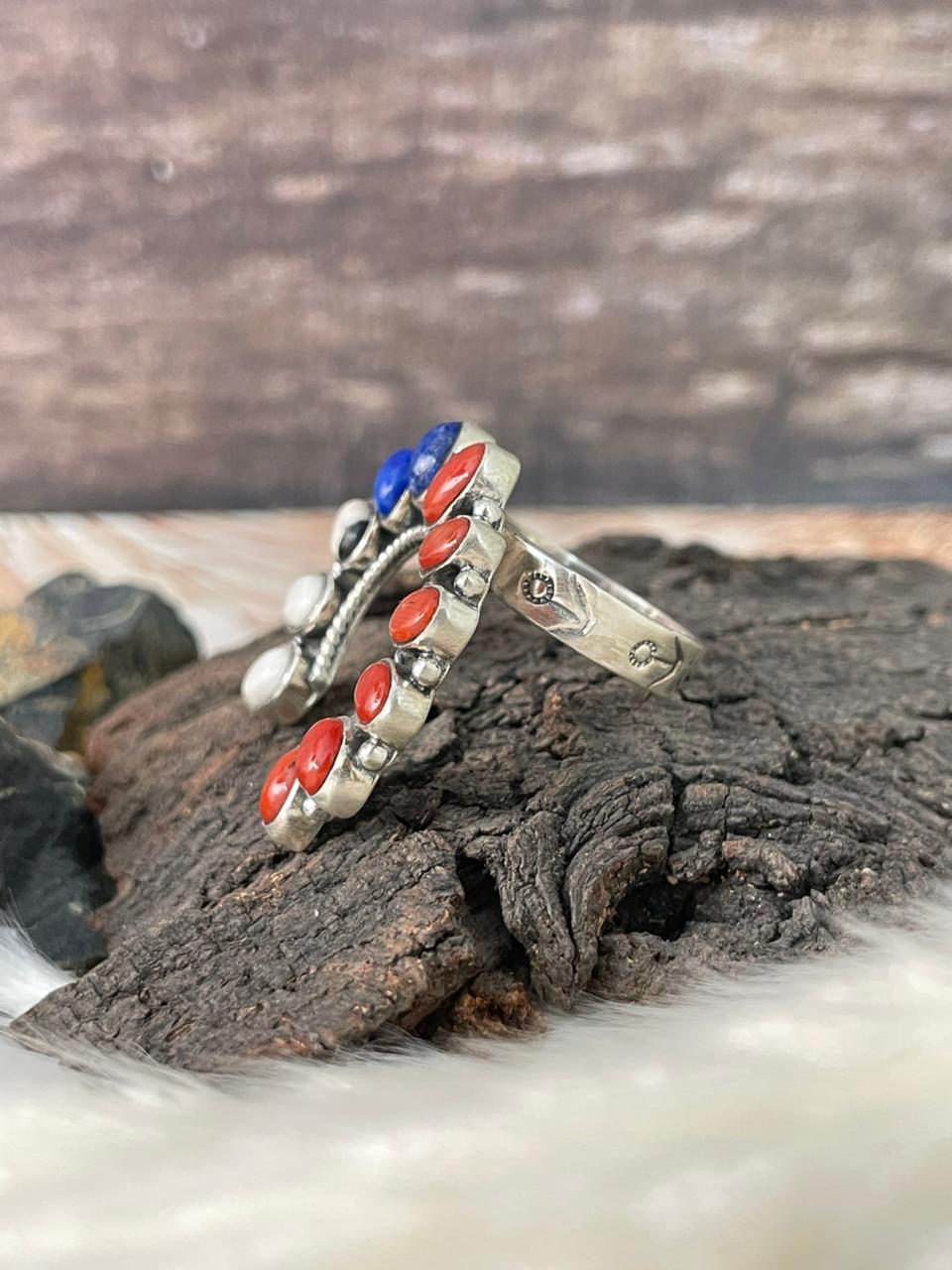 Handmade Sterling Silver 4th Of July Collection: Coral with Lapis and White Buffalo Naja Adjustable Ring "Signed Nizhoni" (3)
