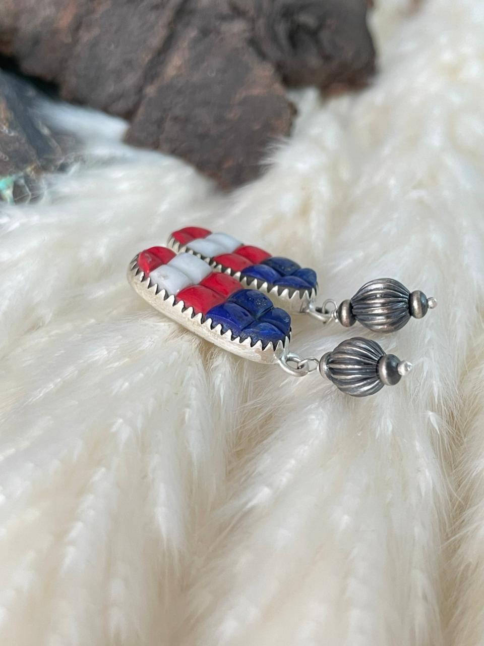 Handmade Sterling Silver 4th Of July Collection: Rosarita with Lapis and White Buffalo Post Dangle Earrings "Signed Nizhoni"