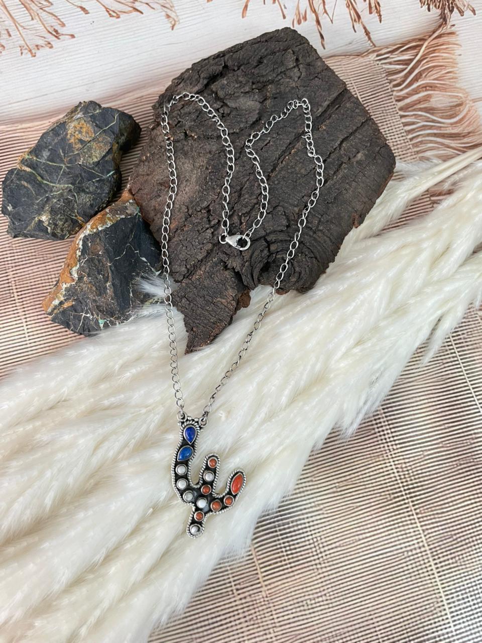 Handmade Sterling Silver 4th Of July Collection: Coral with Lapis and White Buffalo Saguaro Necklace "Signed Nizhoni"