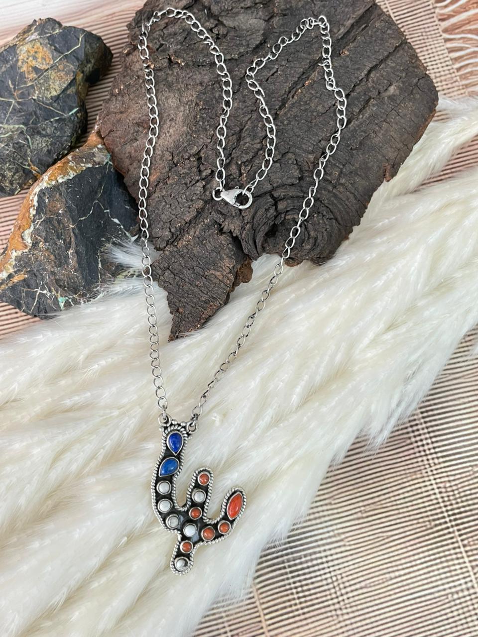 Handmade Sterling Silver 4th Of July Collection: Coral with Lapis and White Buffalo Saguaro Necklace "Signed Nizhoni"