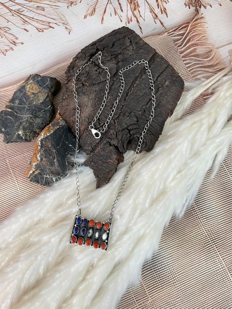 Handmade Sterling Silver 4th Of July Collection: Coral with Lapis and White Buffalo Bar Necklace "Signed Nizhoni"