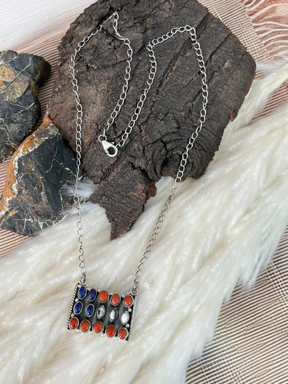 Handmade Sterling Silver 4th Of July Collection: Coral with Lapis and White Buffalo Bar Necklace "Signed Nizhoni"