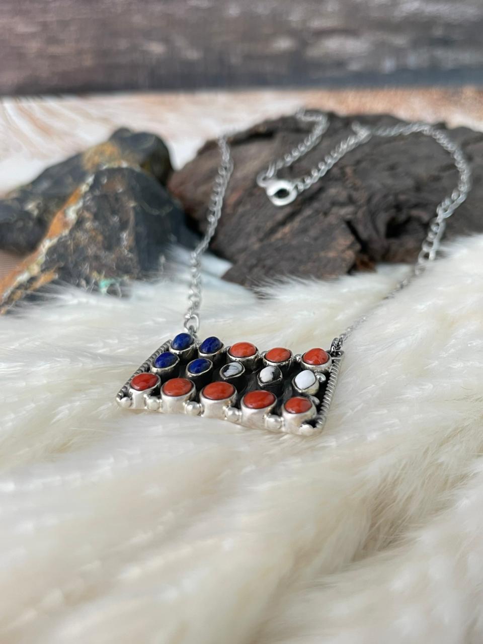 Handmade Sterling Silver 4th Of July Collection: Coral with Lapis and White Buffalo Bar Necklace "Signed Nizhoni"