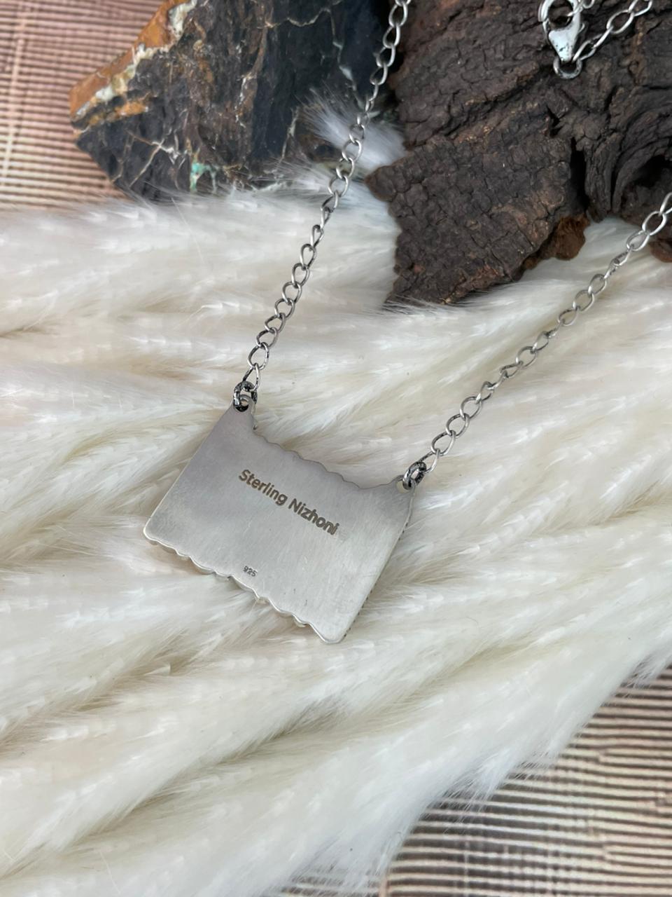 Handmade Sterling Silver 4th Of July Collection: Coral with Lapis and White Buffalo Bar Necklace "Signed Nizhoni"