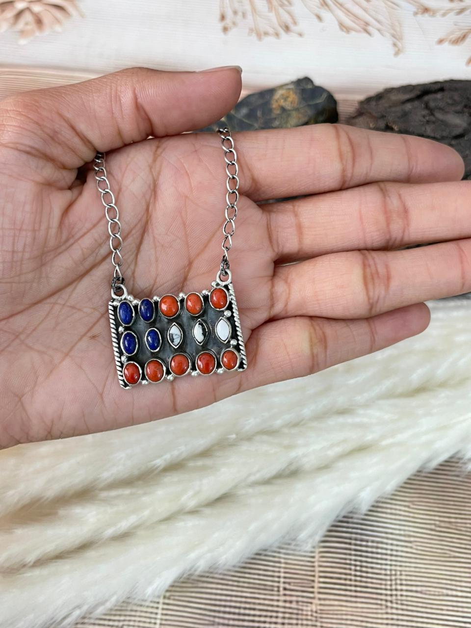 Handmade Sterling Silver 4th Of July Collection: Coral with Lapis and White Buffalo Bar Necklace "Signed Nizhoni"