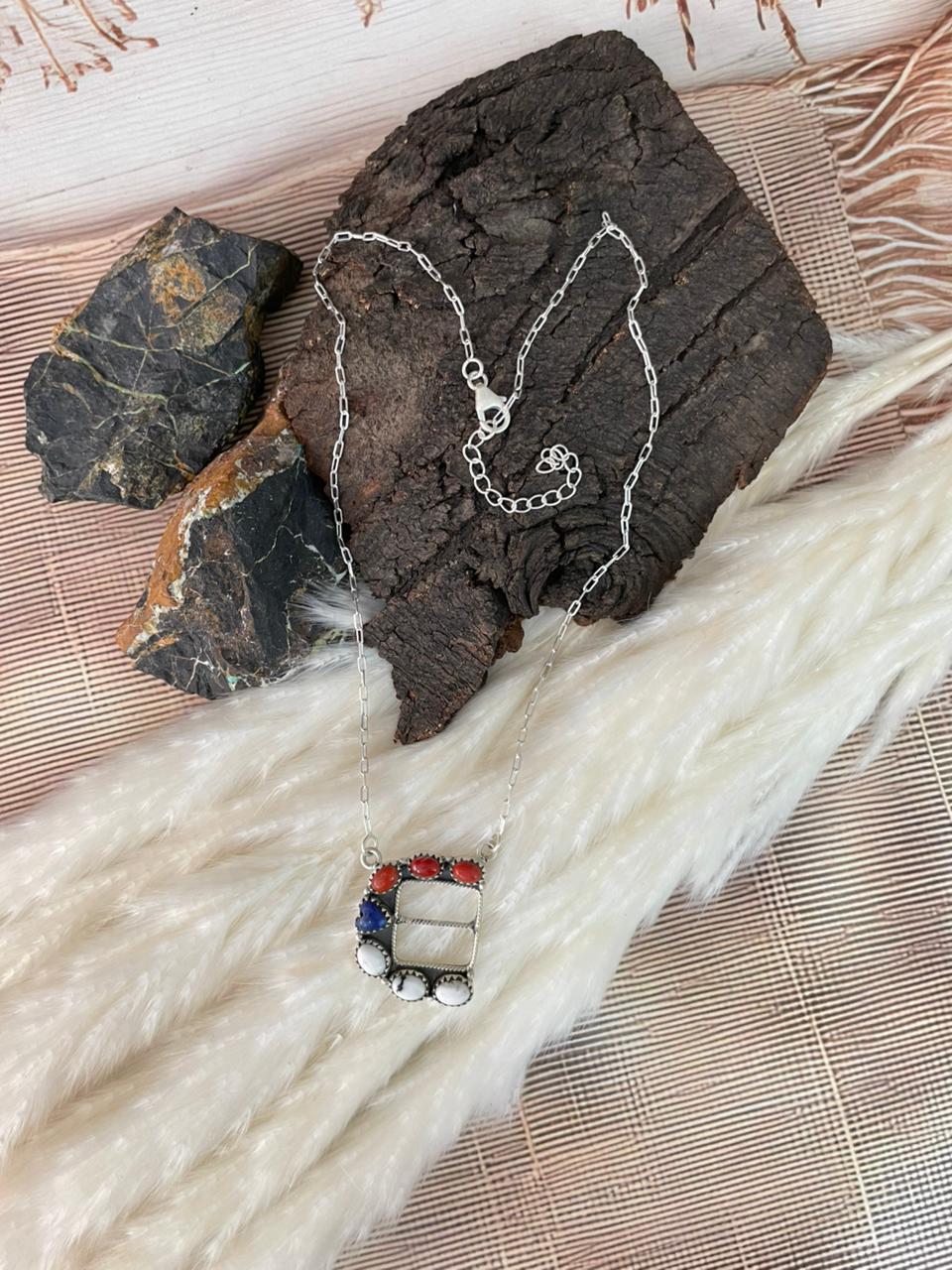 Handmade Sterling Silver 4th Of July Collection: Coral with Lapis and White Buffalo Belt Buckle Necklace "Signed Nizhoni"