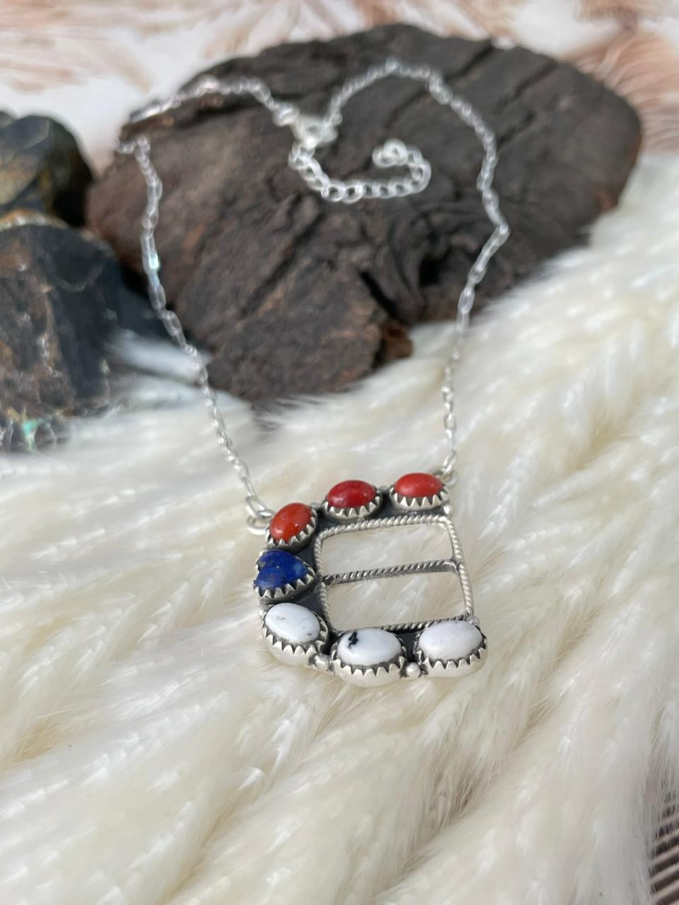 Handmade Sterling Silver 4th Of July Collection: Coral with Lapis and White Buffalo Belt Buckle Necklace "Signed Nizhoni"