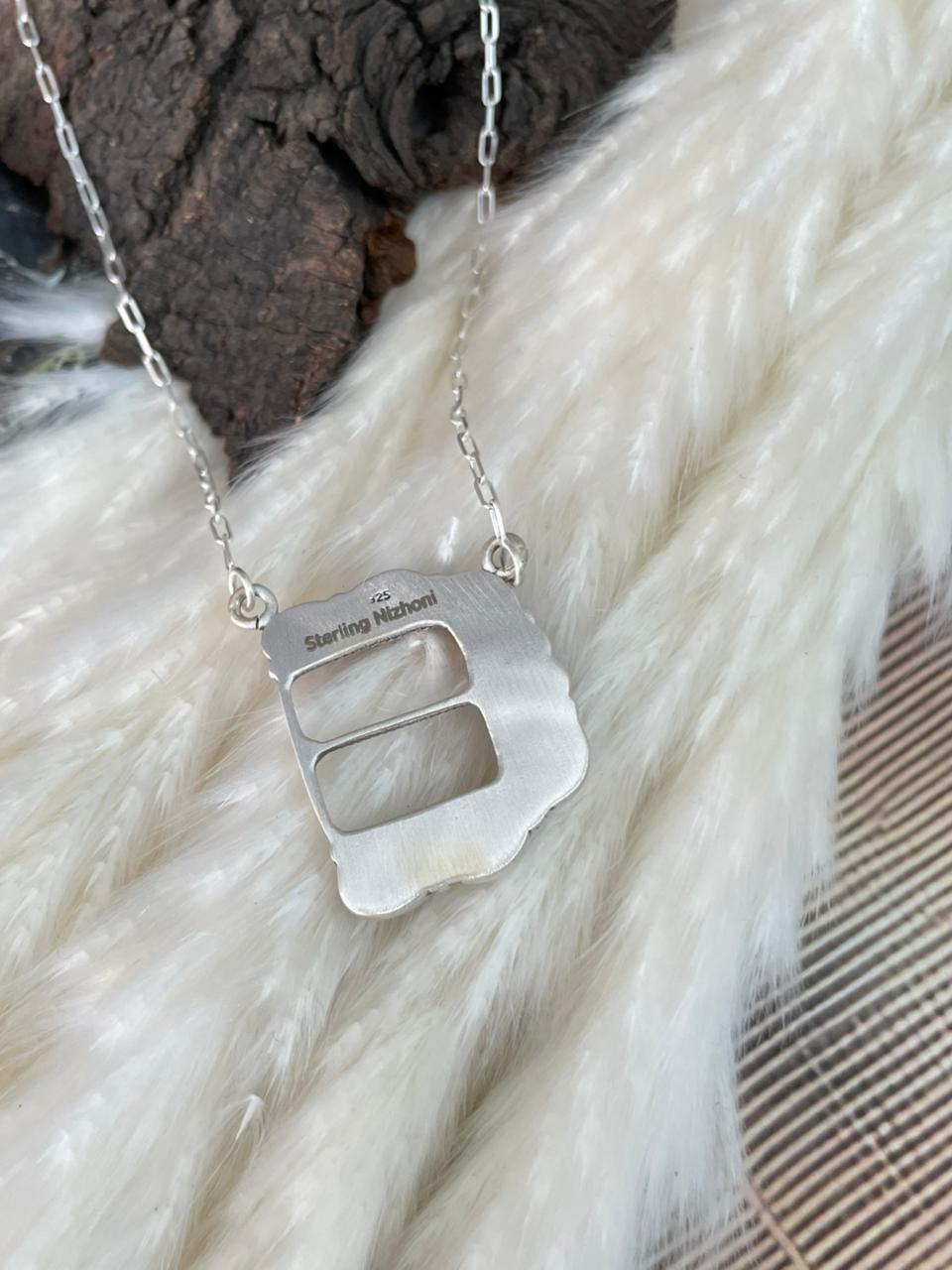 Handmade Sterling Silver 4th Of July Collection: Coral with Lapis and White Buffalo Belt Buckle Necklace "Signed Nizhoni"