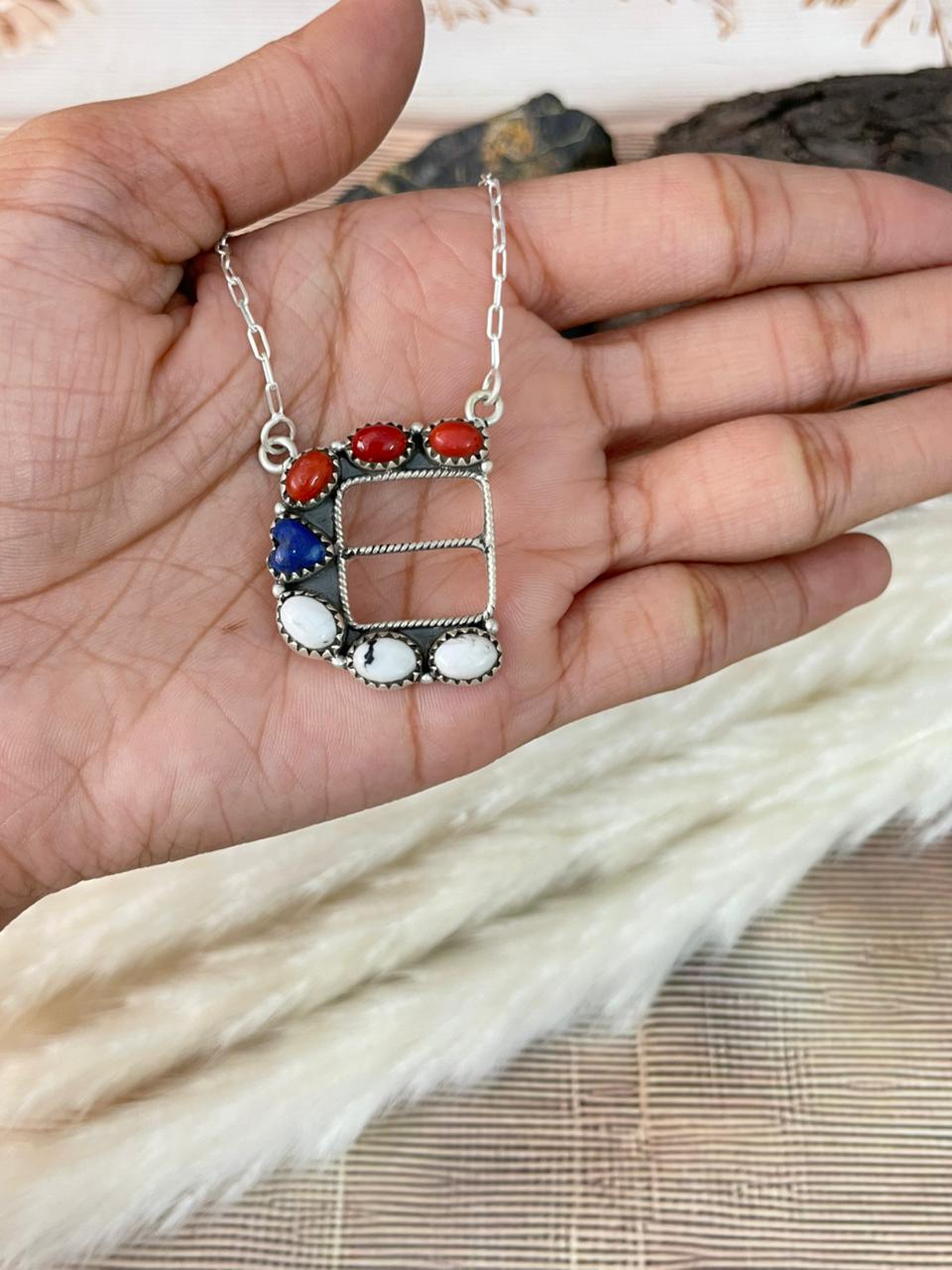 Handmade Sterling Silver 4th Of July Collection: Coral with Lapis and White Buffalo Belt Buckle Necklace "Signed Nizhoni"
