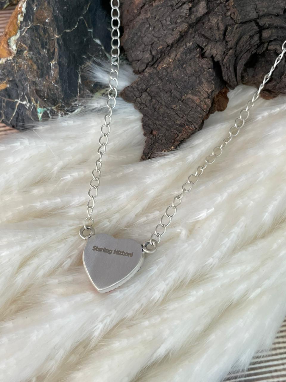 Handmade Sterling Silver 4th Of July Collection: Rosarita with Lapis and White Buffalo Heart Necklace "Signed Nizhoni"