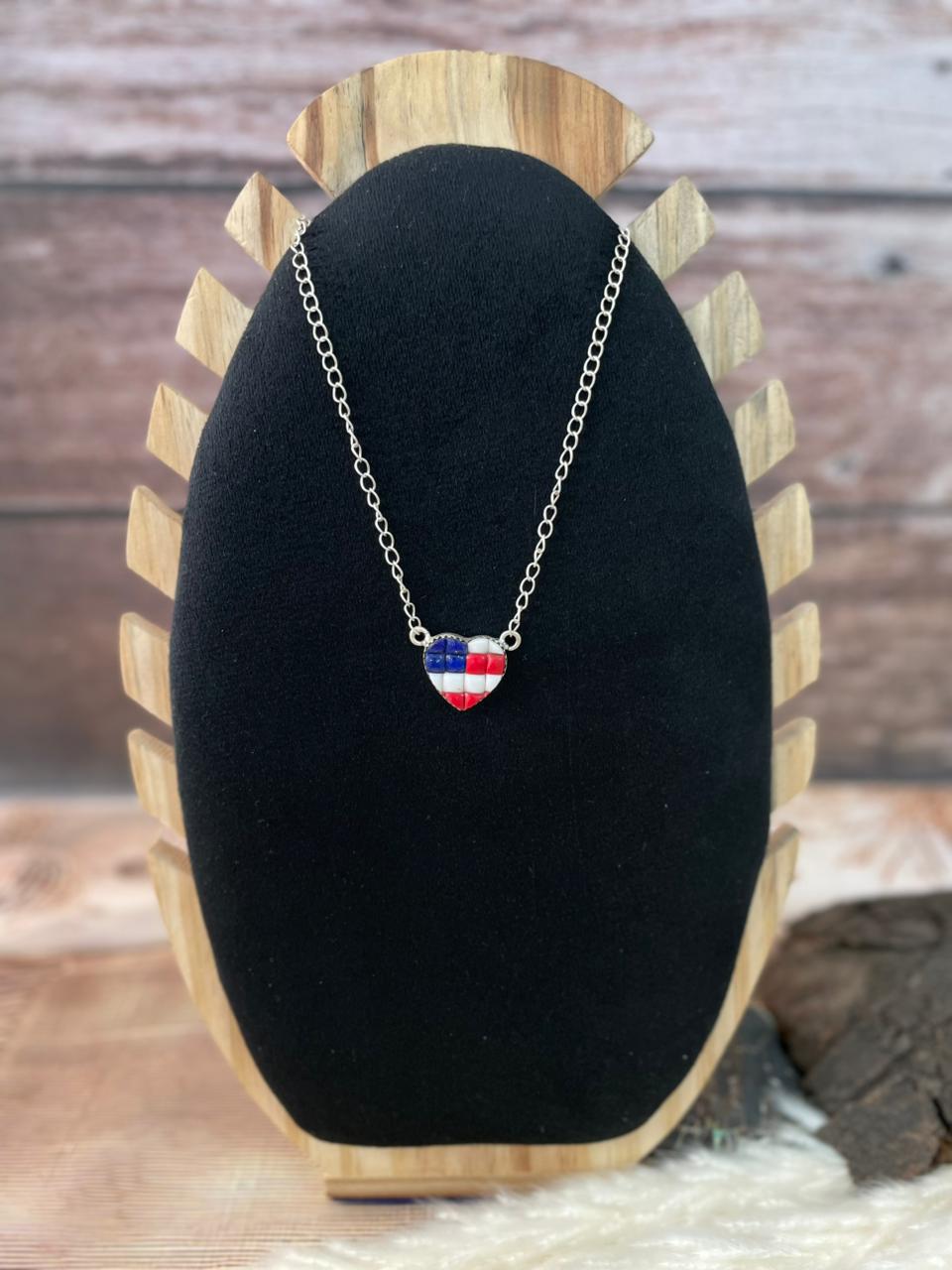 Handmade Sterling Silver 4th Of July Collection: Rosarita with Lapis and White Buffalo Heart Necklace "Signed Nizhoni"