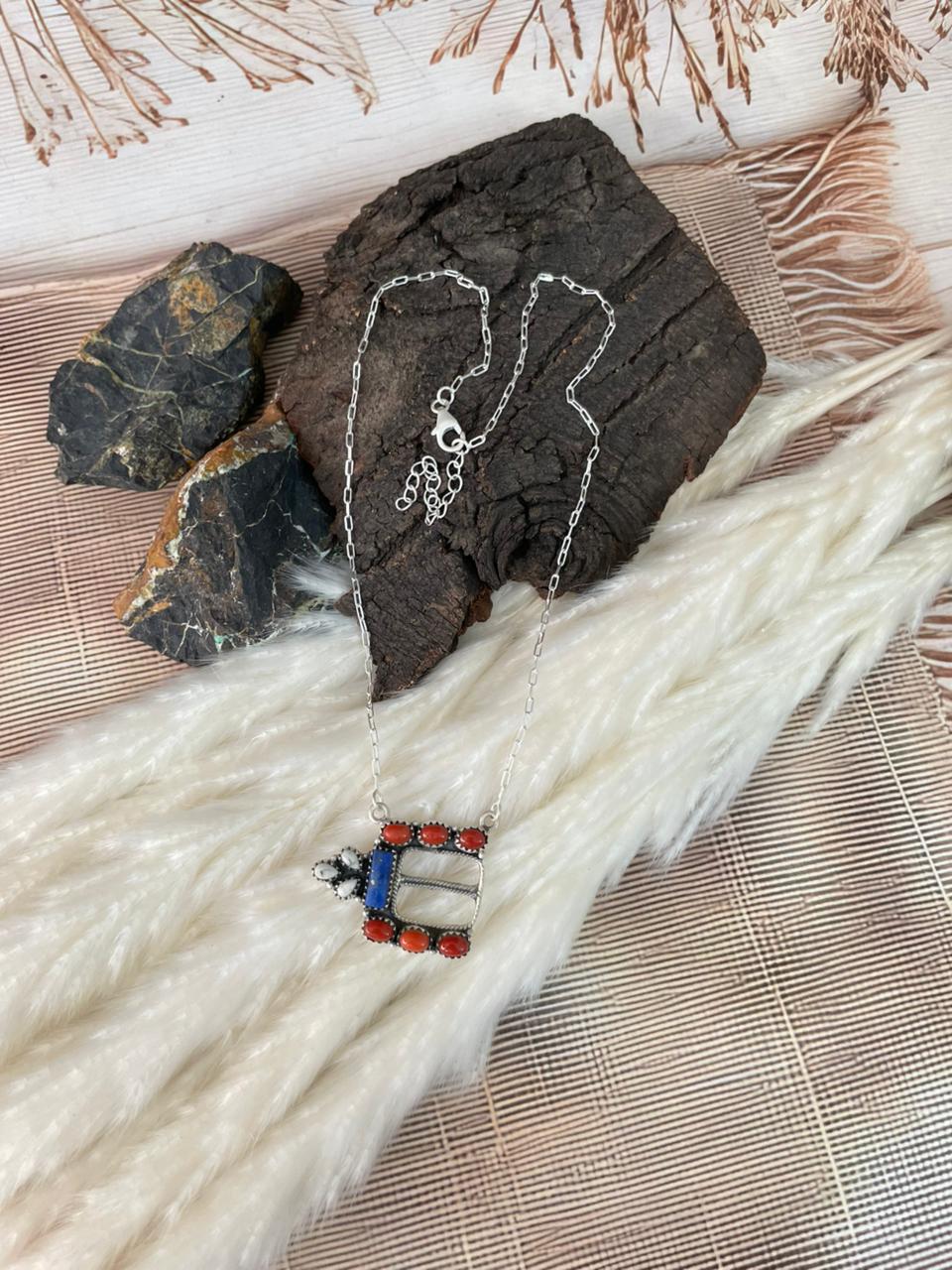 Handmade Sterling Silver 4th Of July Collection: Coral with Lapis and White Buffalo Bel Buckle Necklace "Signed Nizhoni"