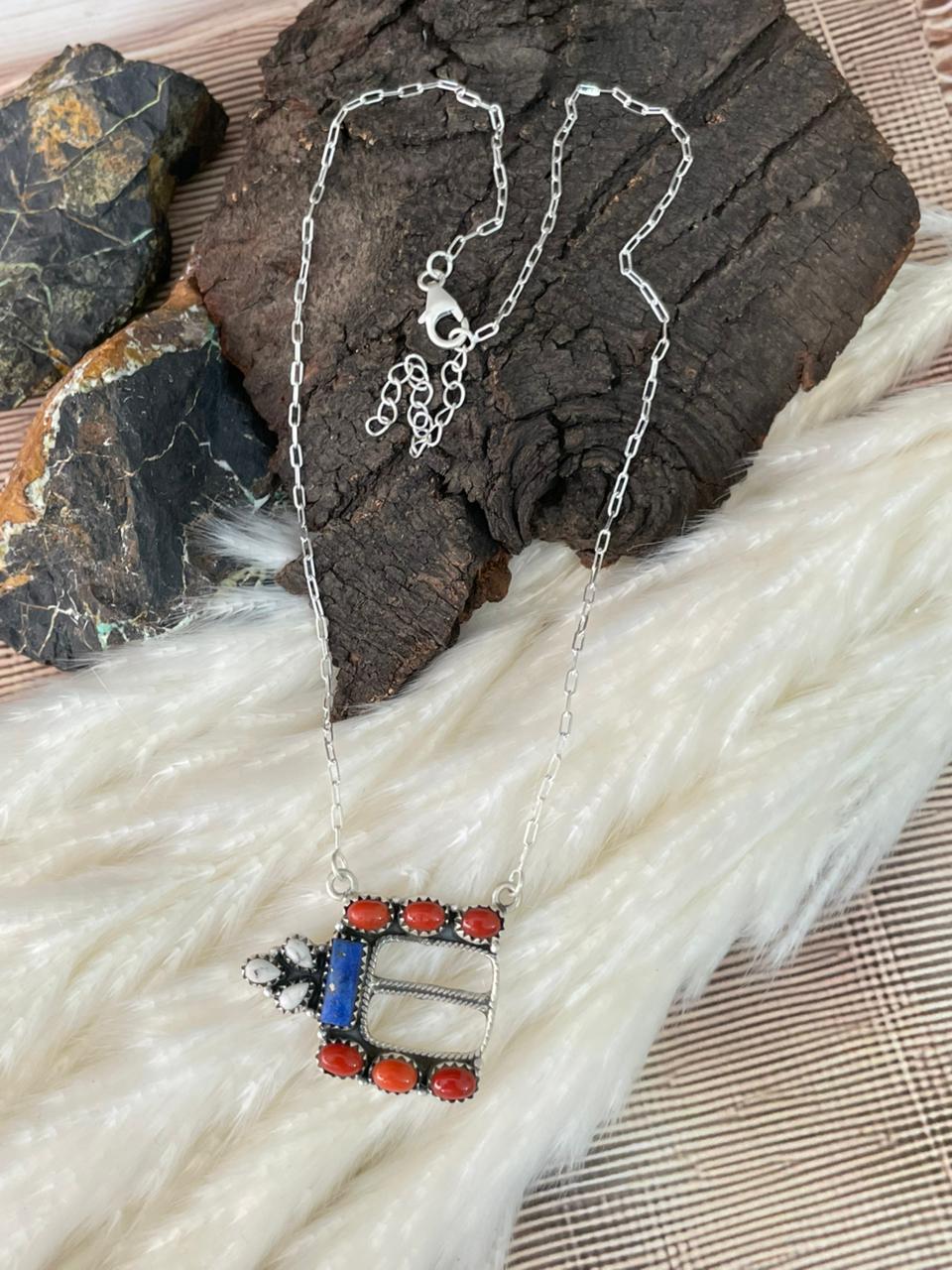 Handmade Sterling Silver 4th Of July Collection: Coral with Lapis and White Buffalo Bel Buckle Necklace "Signed Nizhoni"