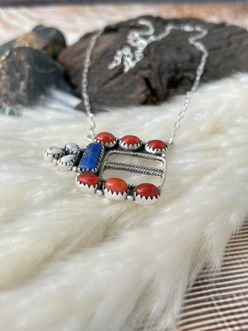 Handmade Sterling Silver 4th Of July Collection: Coral with Lapis and White Buffalo Bel Buckle Necklace "Signed Nizhoni"