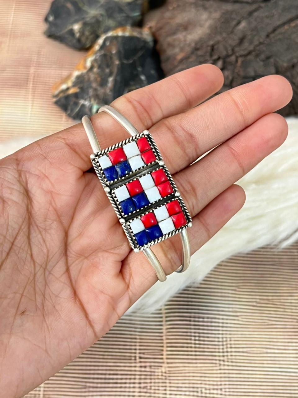 Handmade Sterling Silver 4th Of July Collection: Rosarita with Lapis and White Buffalo Cuff Bar Bracelet "Signed Nizhoni"