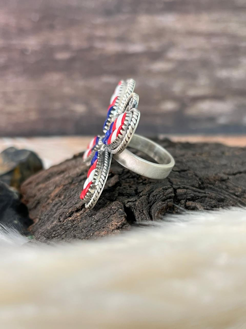 Handmade Sterling Silver 4th Of July Collection: Rosarita with Lapis and White Buffalo Butterfly Adjustable Ring "Signed Nizhoni"
