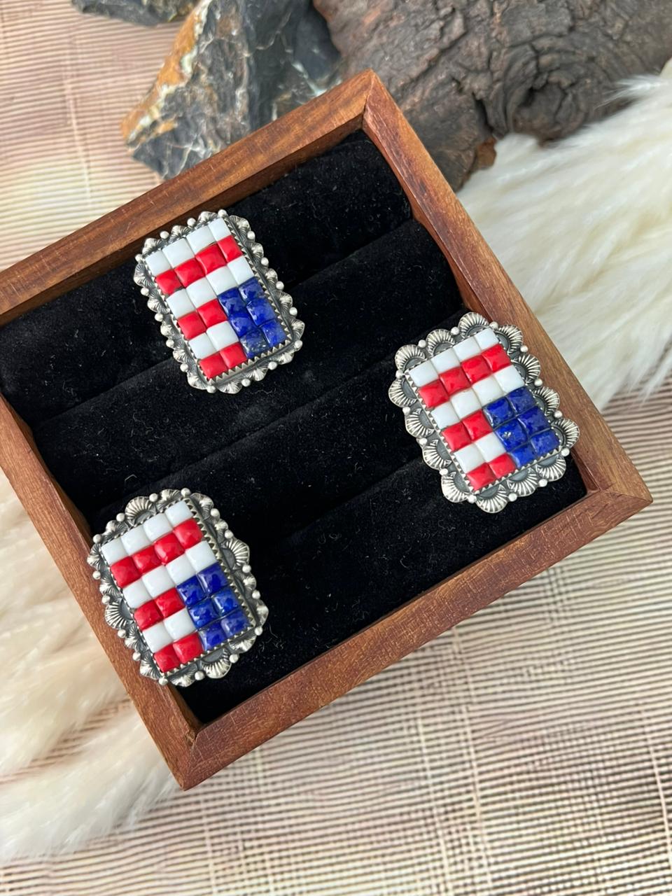 Handmade Sterling Silver 4th Of July Collection: Rosarita with Lapis and White Buffalo Heart Adjustable Ring "Signed Nizhoni"