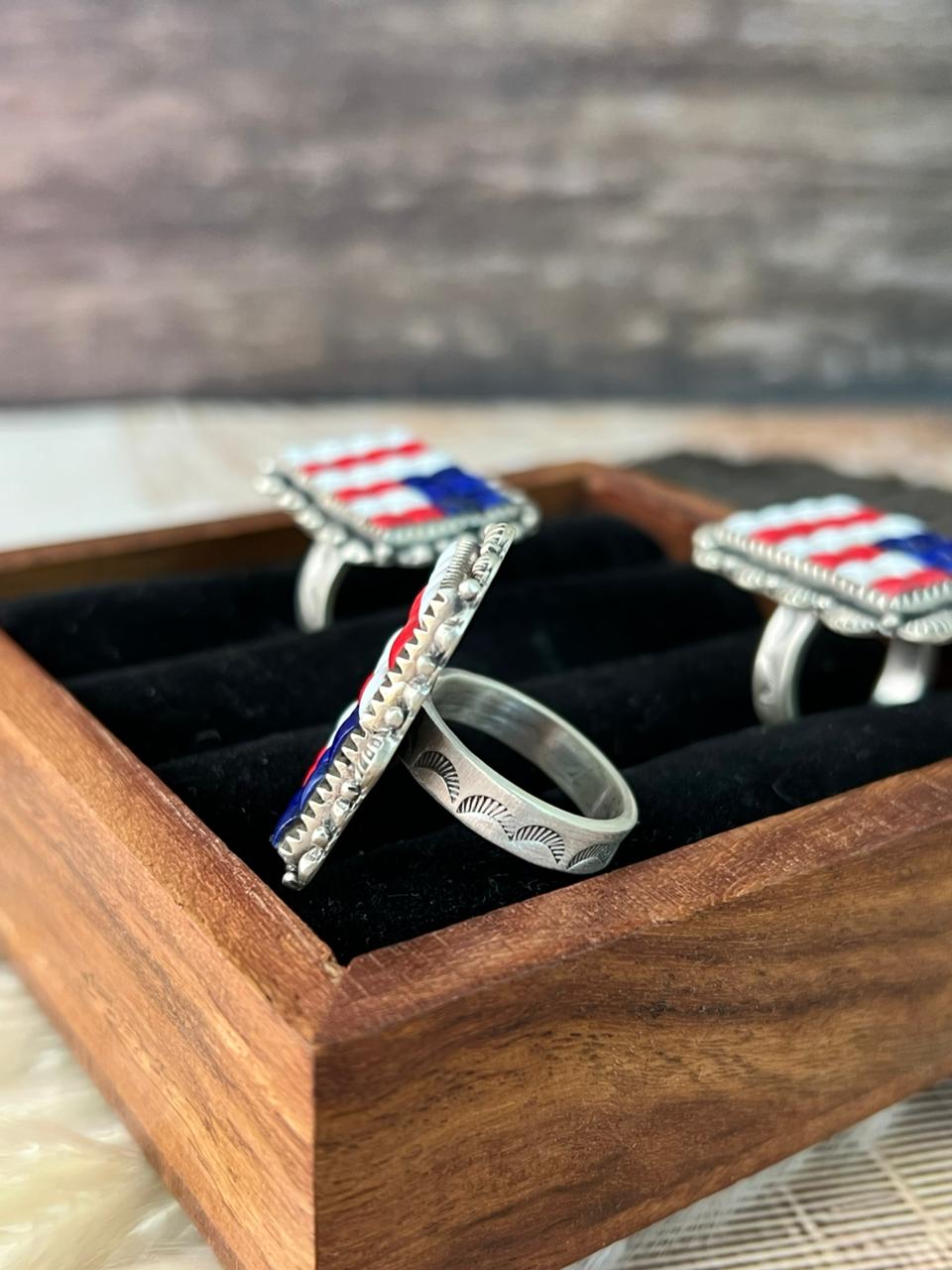 Handmade Sterling Silver 4th Of July Collection: Rosarita with Lapis and White Buffalo Heart Adjustable Ring "Signed Nizhoni"
